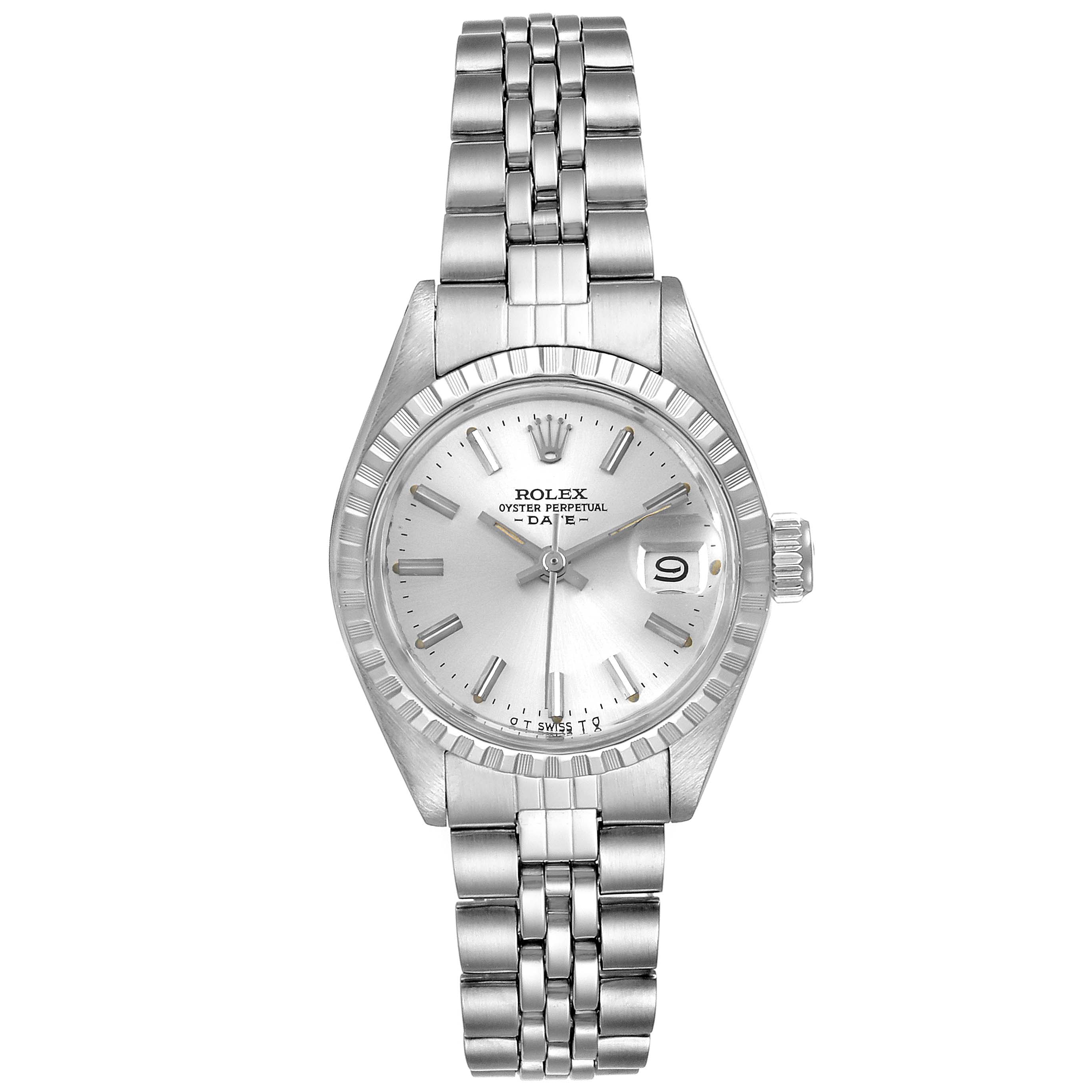 This Rolex Date 6924 Women
s Stainless Steel Silver Dial 6924 Women
s Stainless Steel Silver Dial model watch shows a front view, showcasing its dial, bezel, bracelet, and crown.