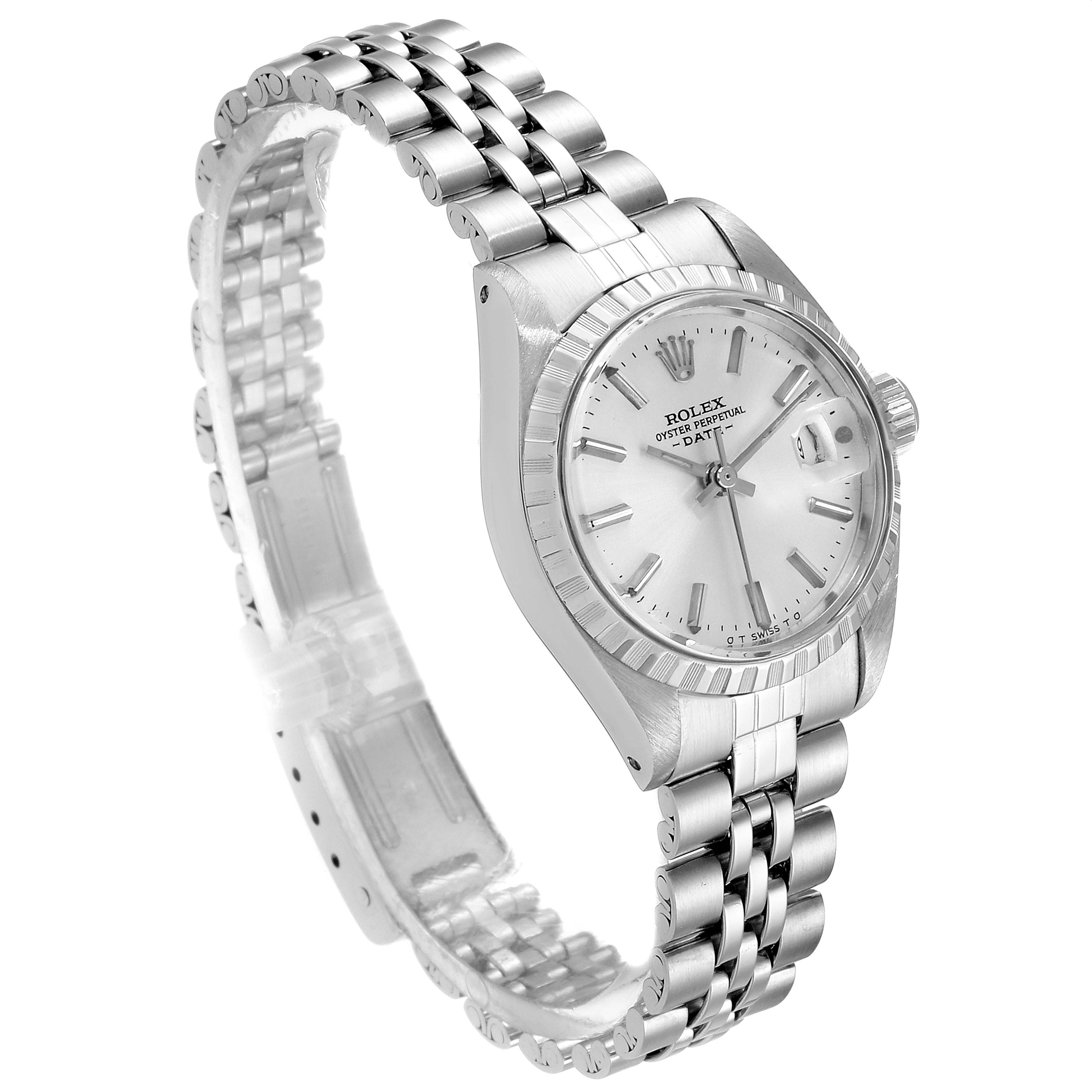 The Date model by Rolex is shown at a slight angled perspective, highlighting the dial, bezel, crystal, and bracelet.