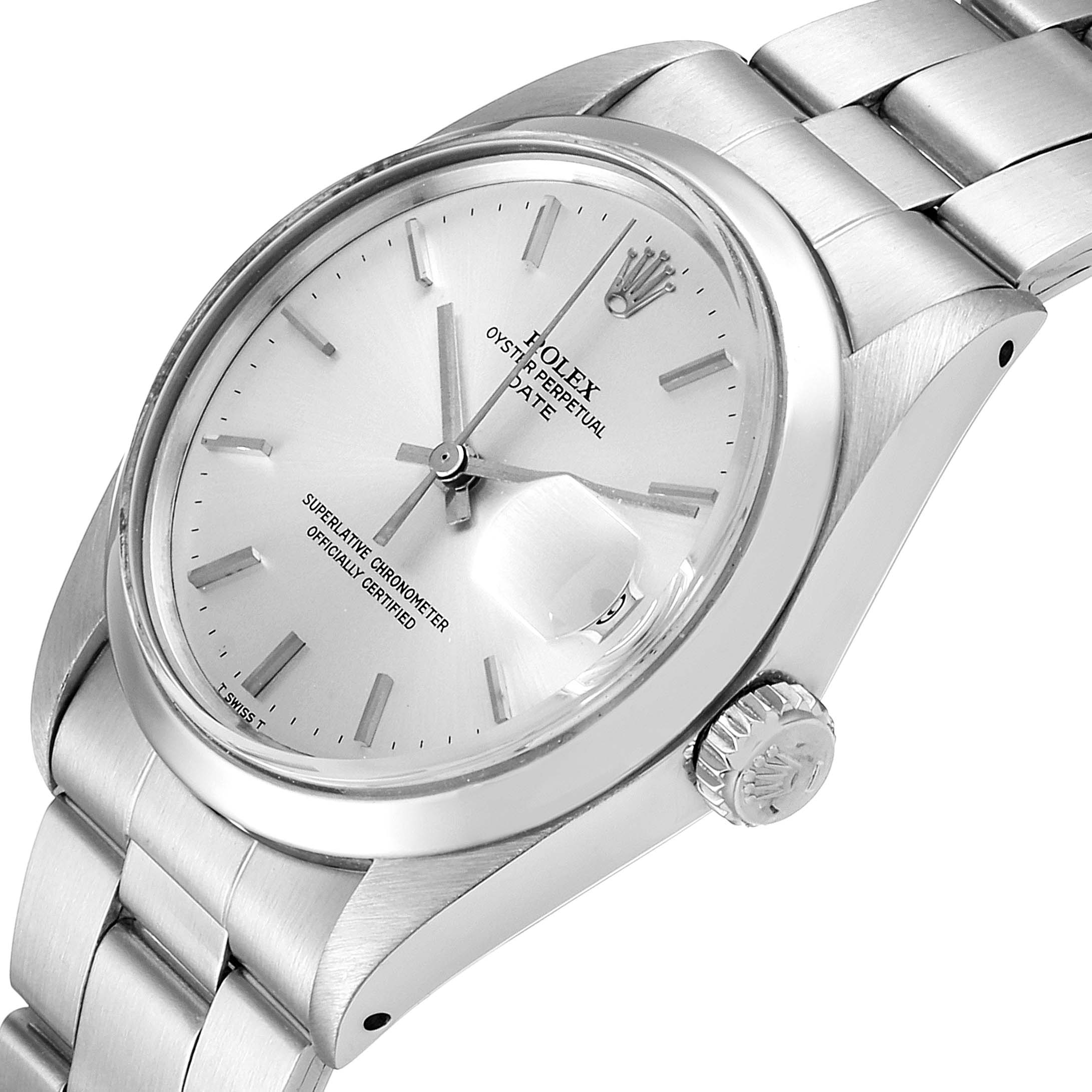 The image shows a close-up angled view of the Rolex Vintage Collection 15000 Men
s Stainless Steel Silver Dial 15000 Men
s Stainless Steel Silver Dial watch, highlighting the face, crown, and part of the bracelet.