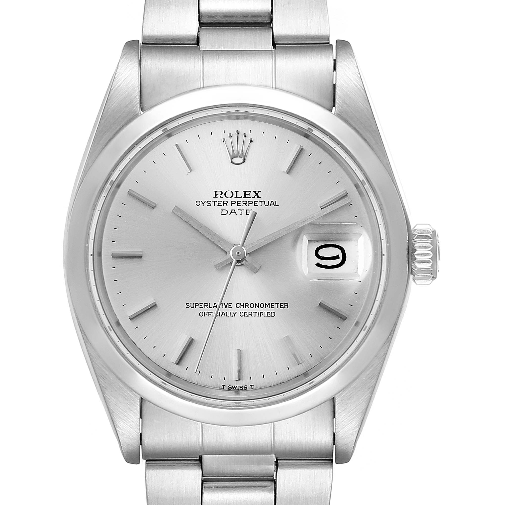 This is a front view of the Rolex Vintage Collection 15000 Men
s Stainless Steel Silver Dial 15000 Men
s Stainless Steel Silver Dial Oyster Perpetual Date watch, showcasing the dial, hands, date window, and part of the bracelet.