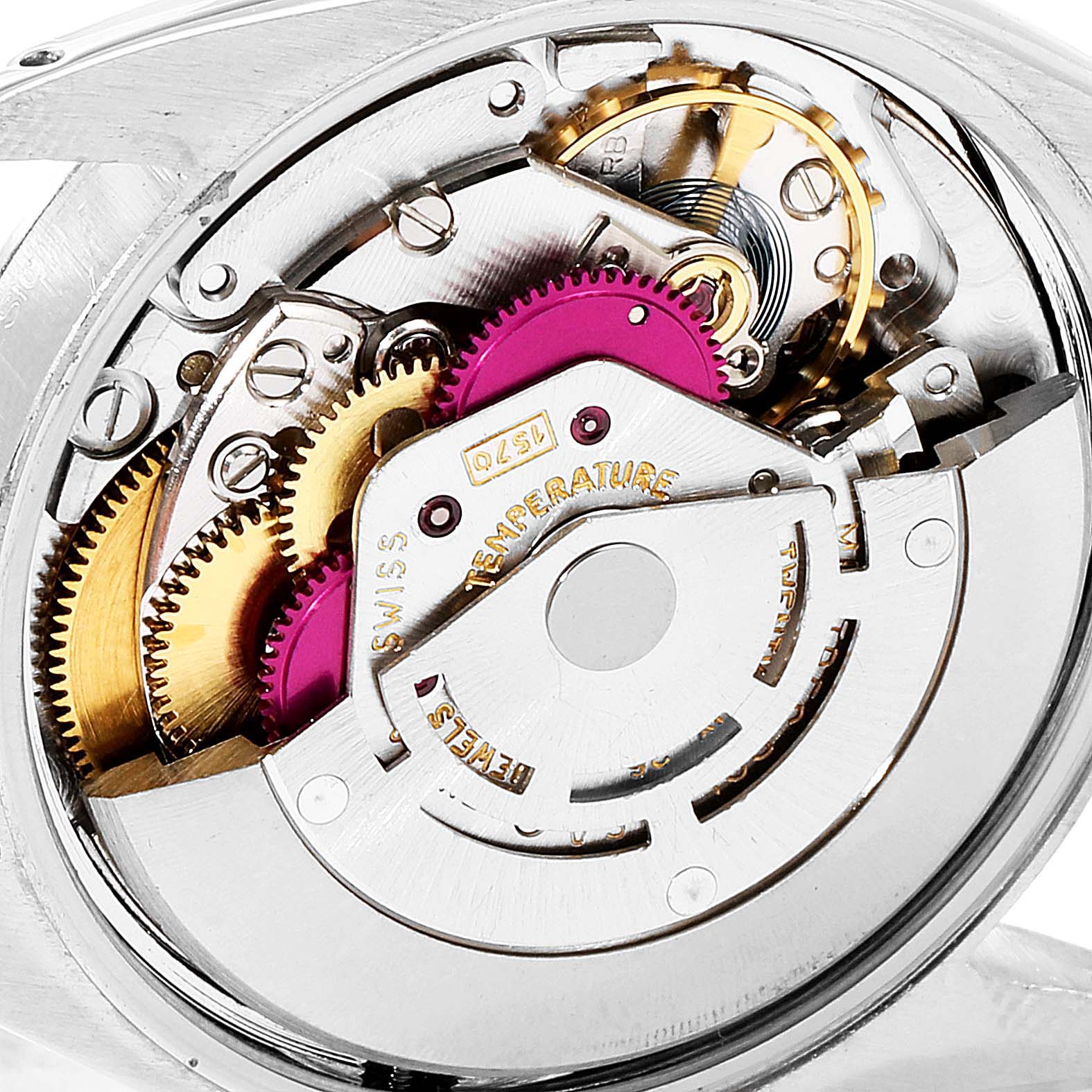 This close-up shows the intricate internal mechanics and gears of the Rolex Vintage Collection 15000 Men
s Stainless Steel Silver Dial 15000 Men
s Stainless Steel Silver Dial watch.