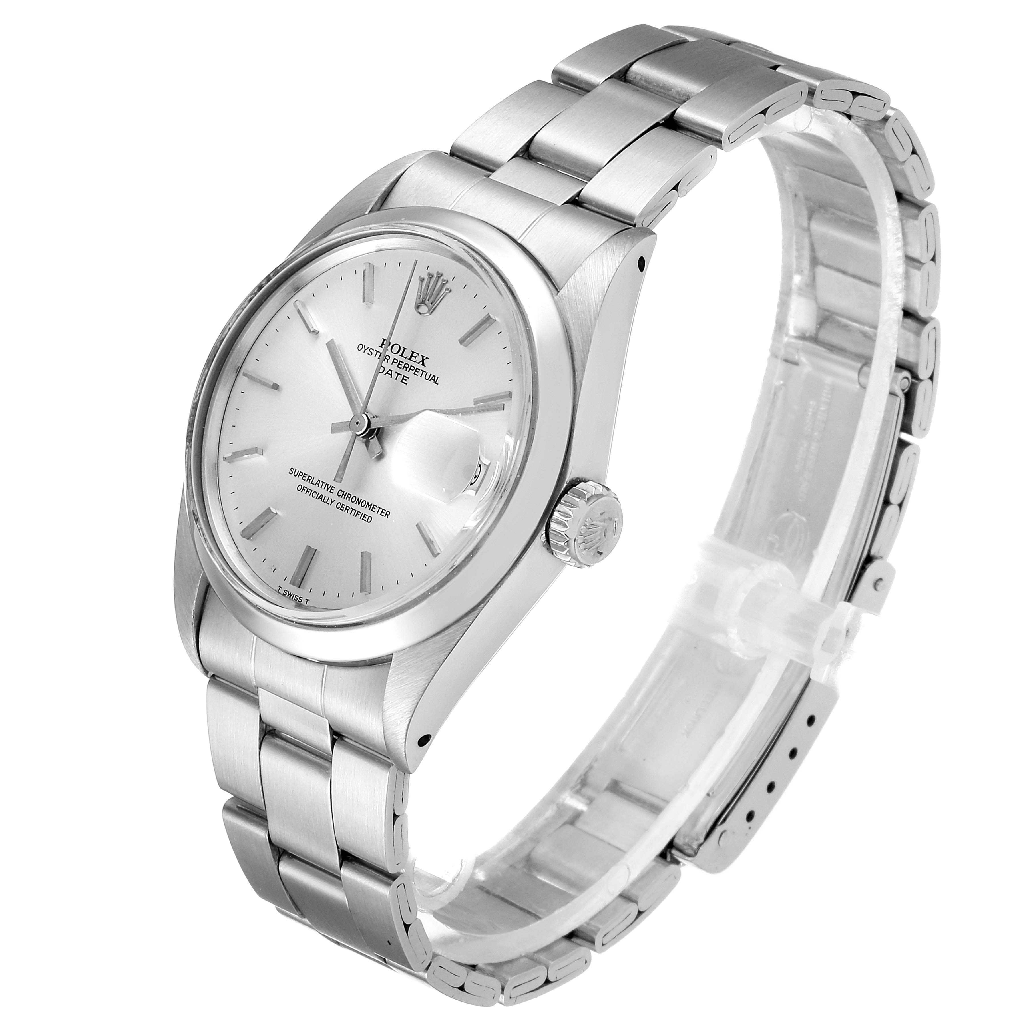 The image shows the Rolex Vintage Collection 15000 Men
s Stainless Steel Silver Dial 15000 Men
s Stainless Steel Silver Dial model watch from a three-quarter angle, highlighting the dial and bracelet.