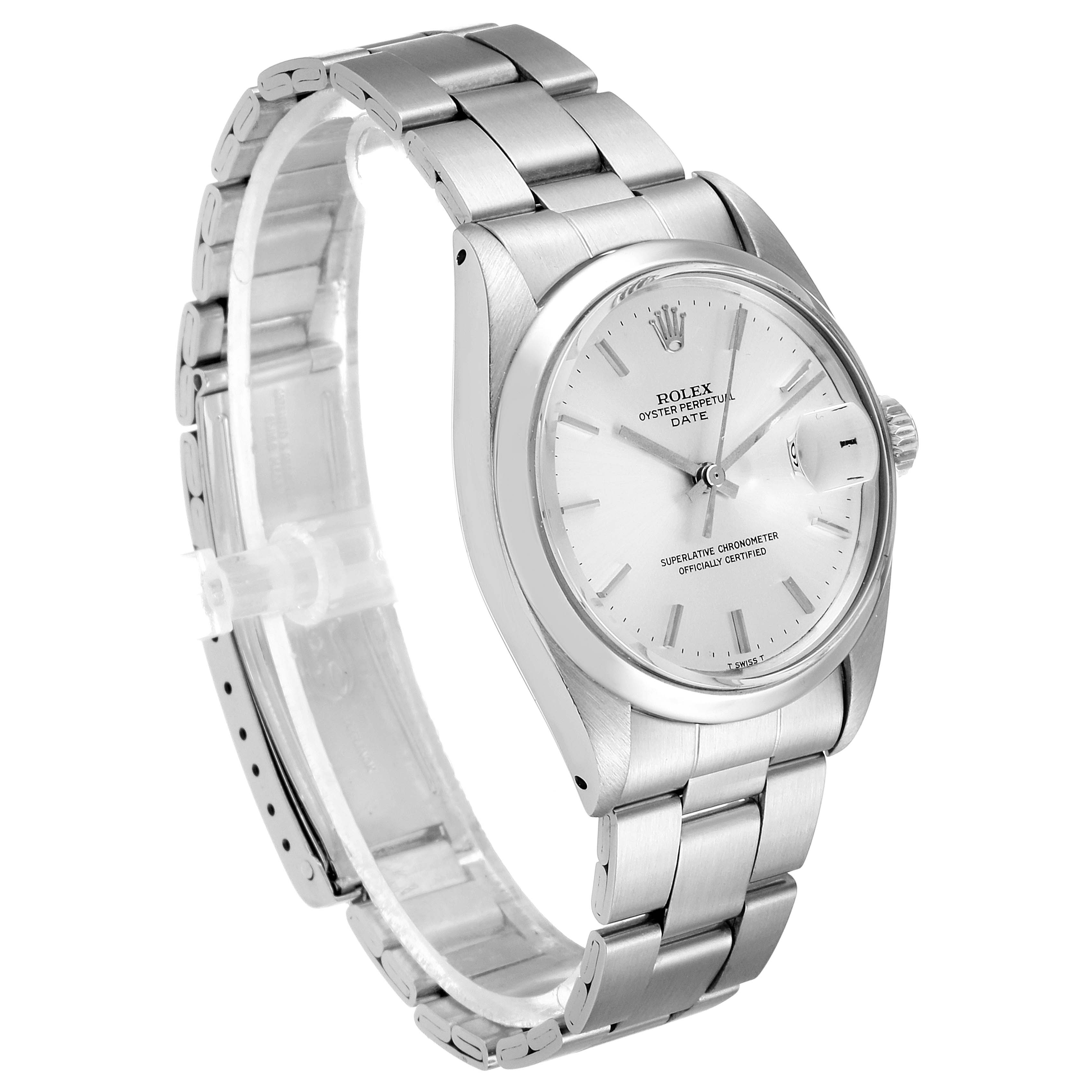 The Rolex Vintage Collection 15000 Men
s Stainless Steel Silver Dial 15000 Men
s Stainless Steel Silver Dial watch is shown from a side angle, displaying the face, bezel, crown, and part of the bracelet.