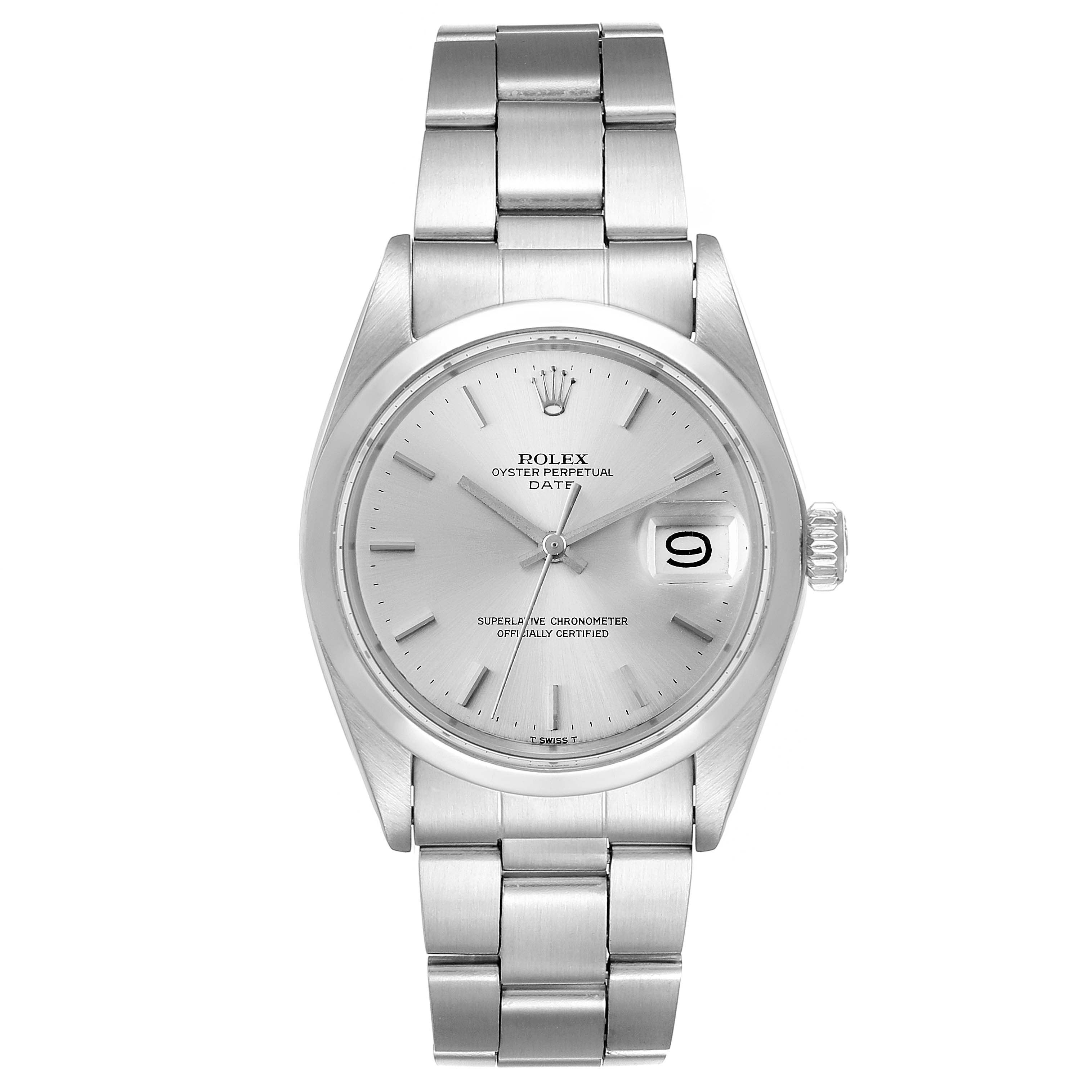This image shows a Rolex Vintage Collection 15000 Men
s Stainless Steel Silver Dial 15000 Men
s Stainless Steel Silver Dial model watch from a front angle, highlighting the dial, hands, date display, and bracelet.
