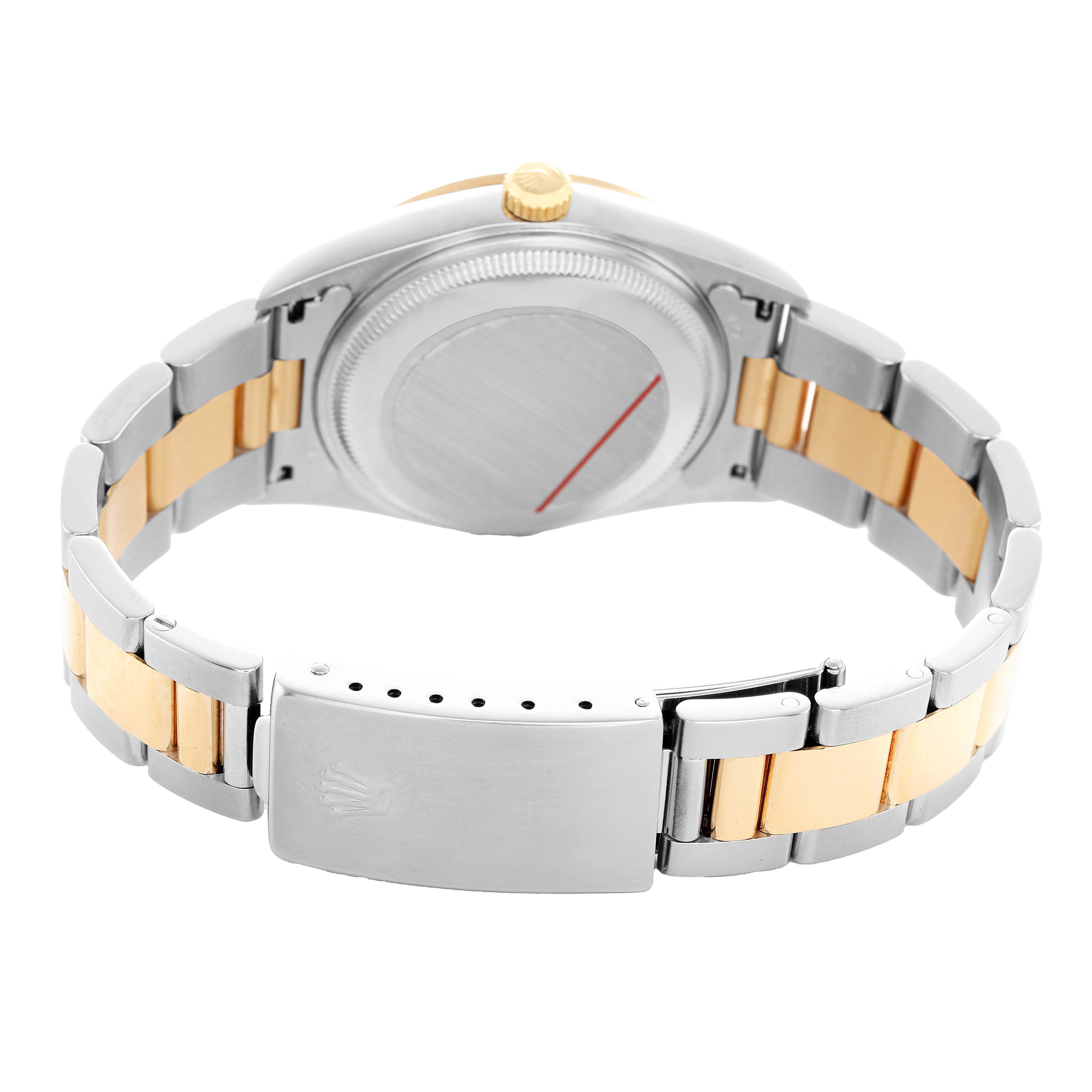 The image shows the back and bracelet of a Rolex Date 15203 Men's Steel and Gold (two tone) Champagne Dial model, displaying a two-tone metal strap and clasp.