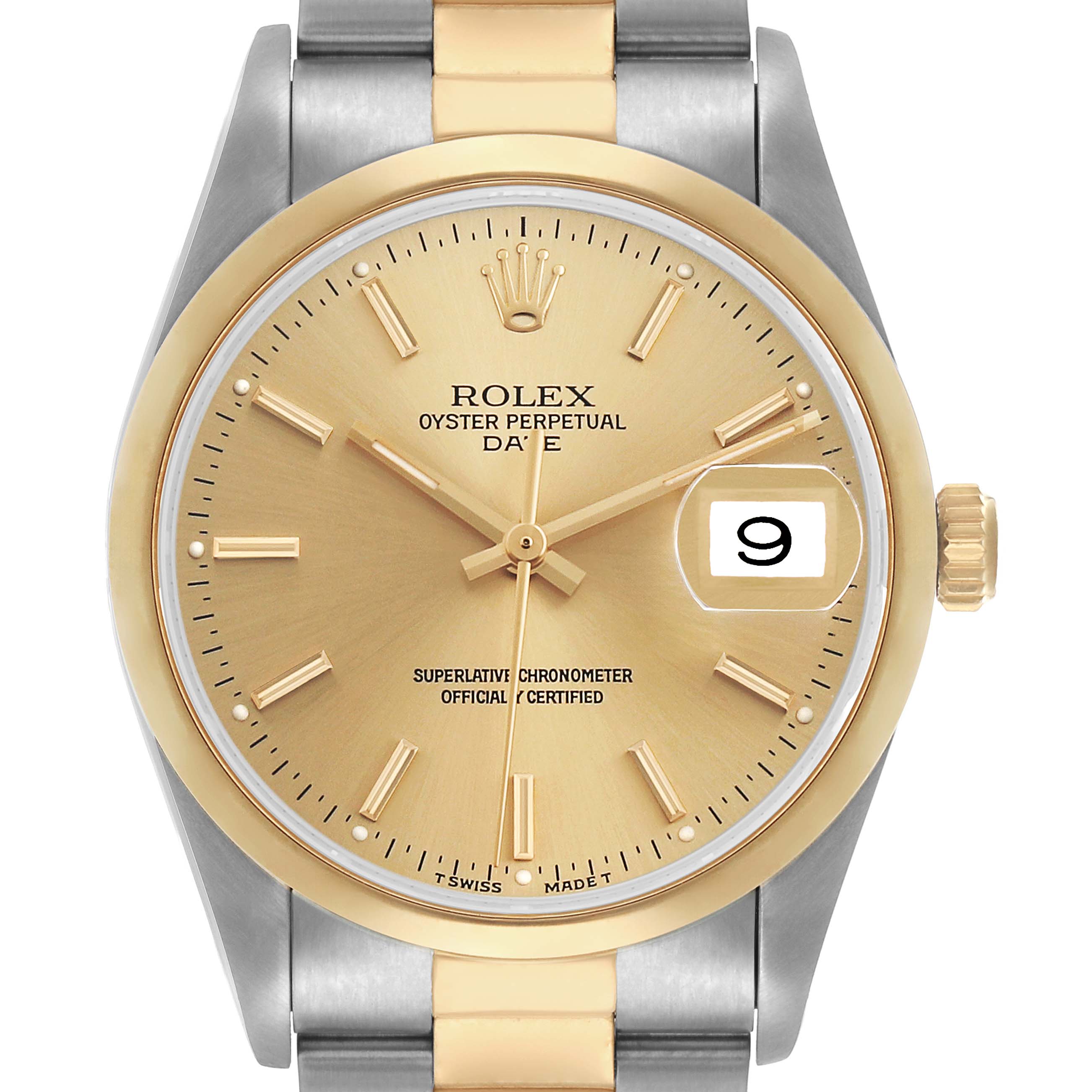 The Rolex Date 15203 Men's Steel and Gold (two tone) Champagne Dial watch is shown from a front view, highlighting the dial, bezel, crown, and bracelet.
