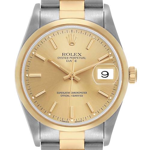 The Rolex Date 15203 Men's Steel and Gold (two tone) Champagne Dial model watch is shown from the front, highlighting the dial, bezel, and part of the bracelet.