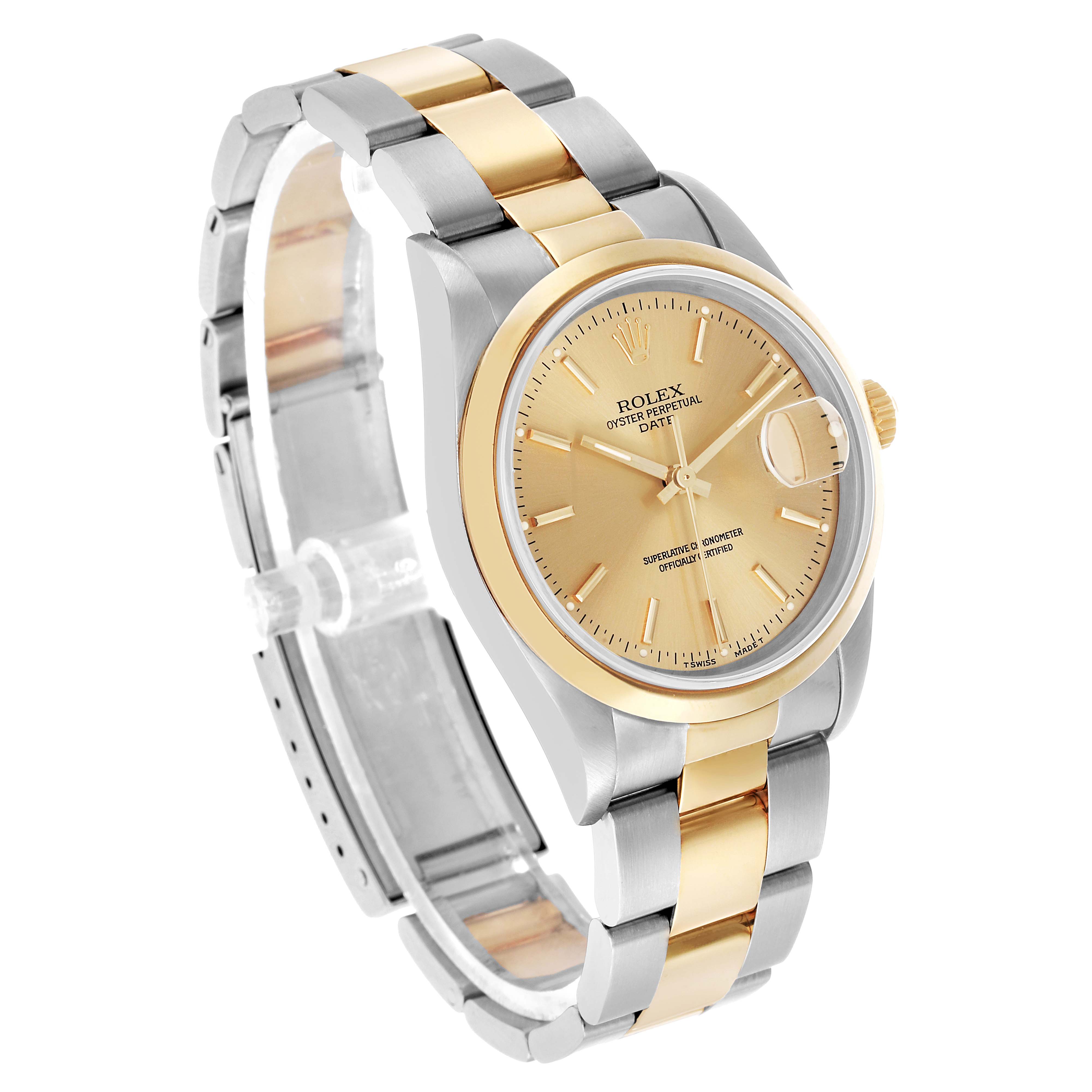 The Rolex Date 15203 Men's Steel and Gold (two tone) Champagne Dial watch is shown at a three-quarter angle, highlighting its two-tone bracelet, gold dial, and date magnifier.