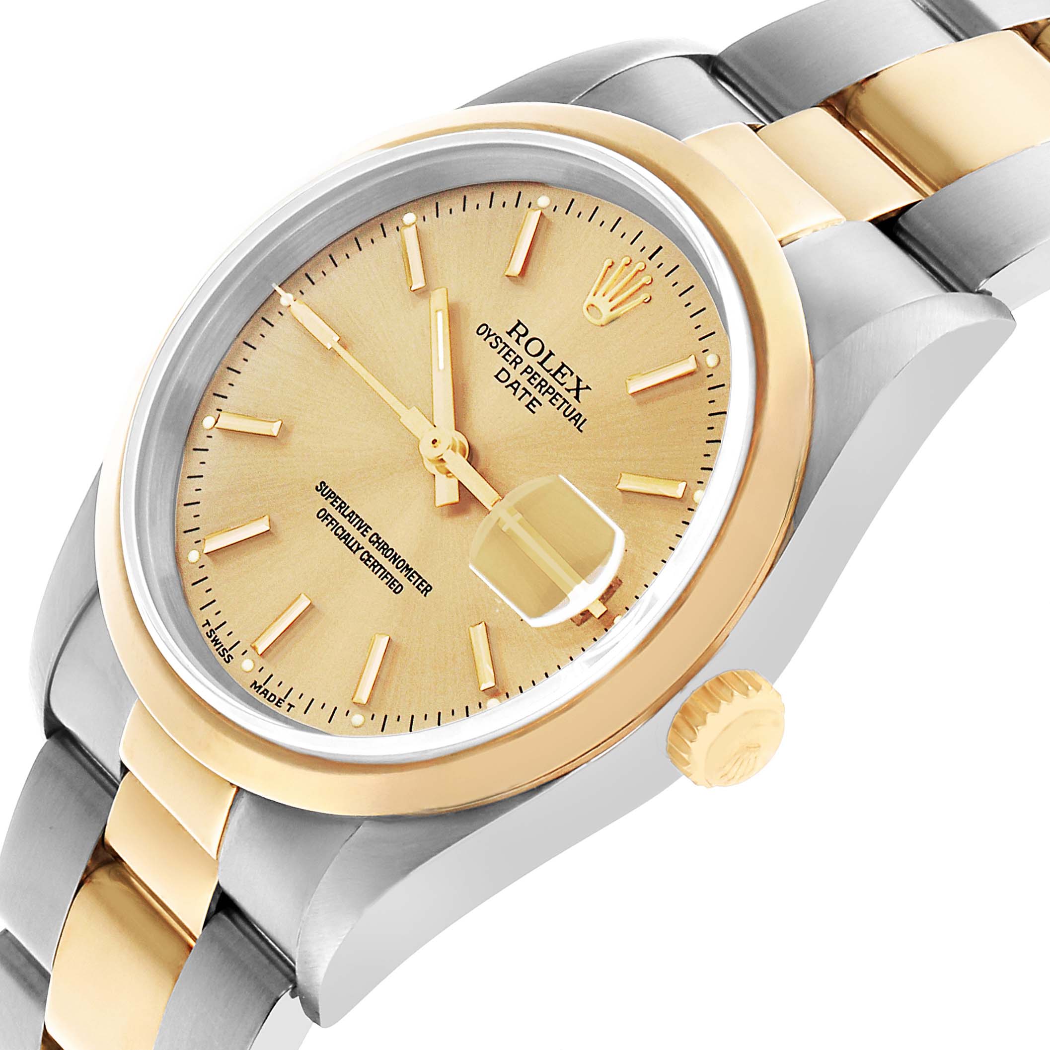 The image shows a Rolex Date 15203 Men's Steel and Gold (two tone) Champagne Dial watch at an angled view, highlighting its dial, date window, bezel, and two-tone bracelet.