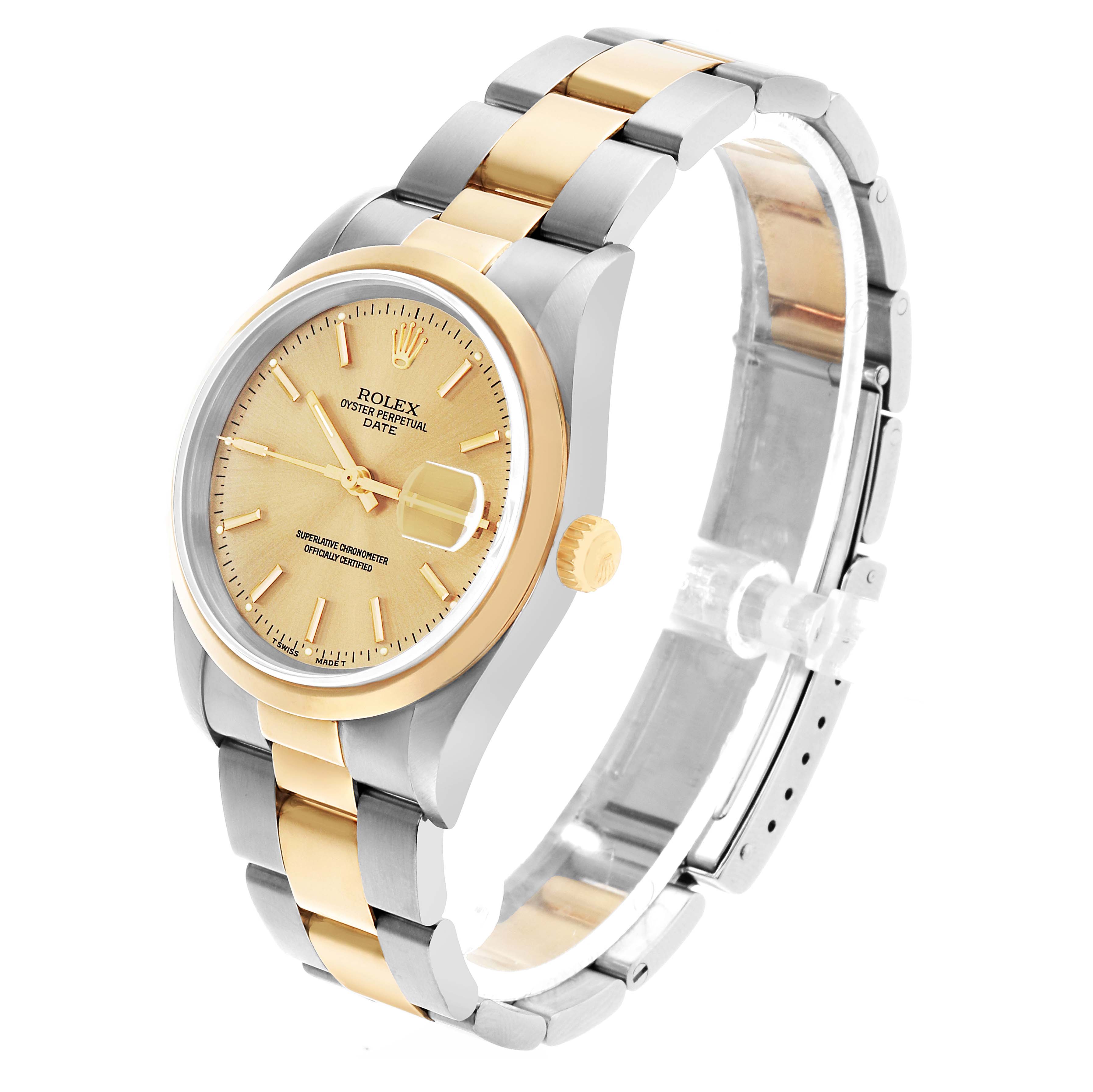 The Rolex Date 15203 Men's Steel and Gold (two tone) Champagne Dial model is shown at a three-quarter angle, displaying its dial, bezel, two-tone bracelet, and crown.