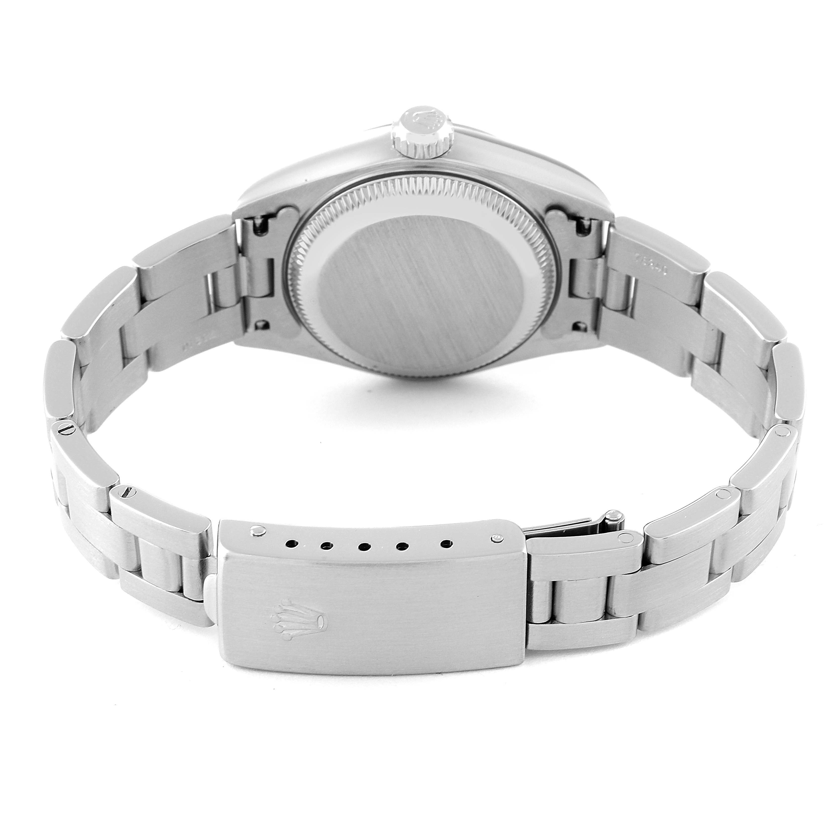 This image shows the backside and clasp of a Rolex Date 79160 Women's Stainless Steel White Dial 79160 Women's Stainless Steel White Dial model watch, highlighting the bracelet and case back.