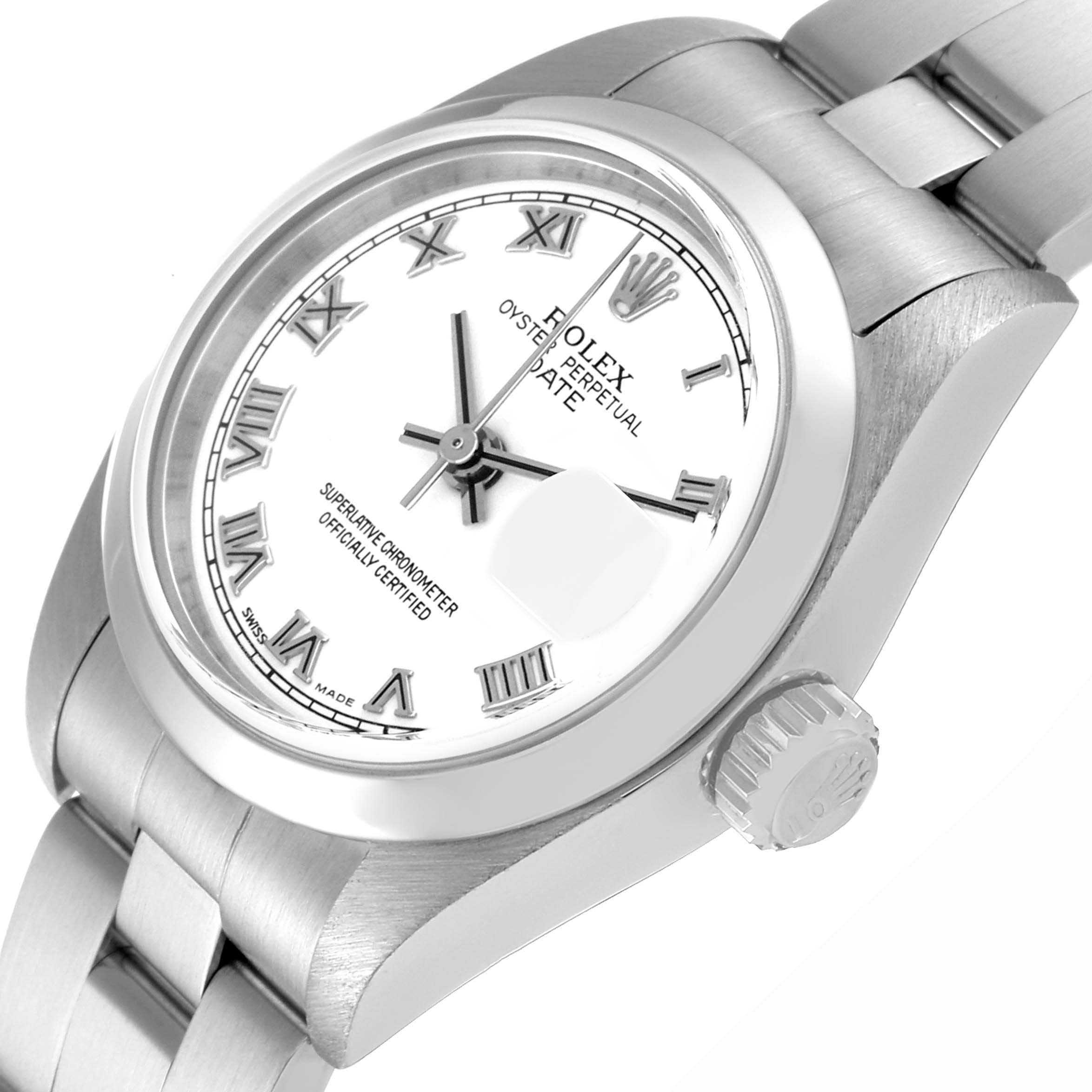 This image shows a Date model Rolex watch from a tilted perspective, highlighting the face, crown, and part of the bracelet.