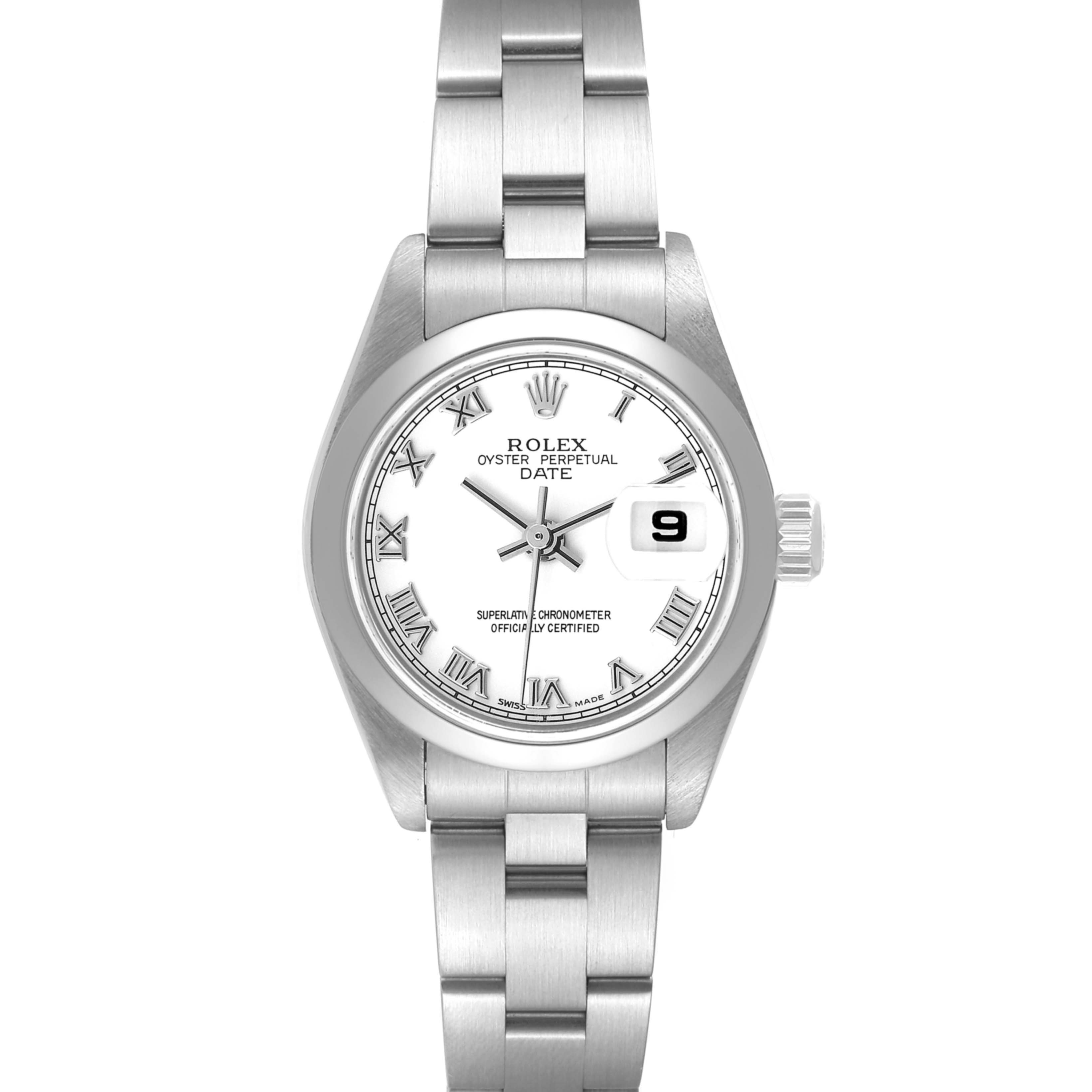 The Rolex Date 79160 Women's Stainless Steel White Dial 79160 Women's Stainless Steel White Dial model watch is shown from a top-down angle, displaying the face, bezel, crown, and bracelet.