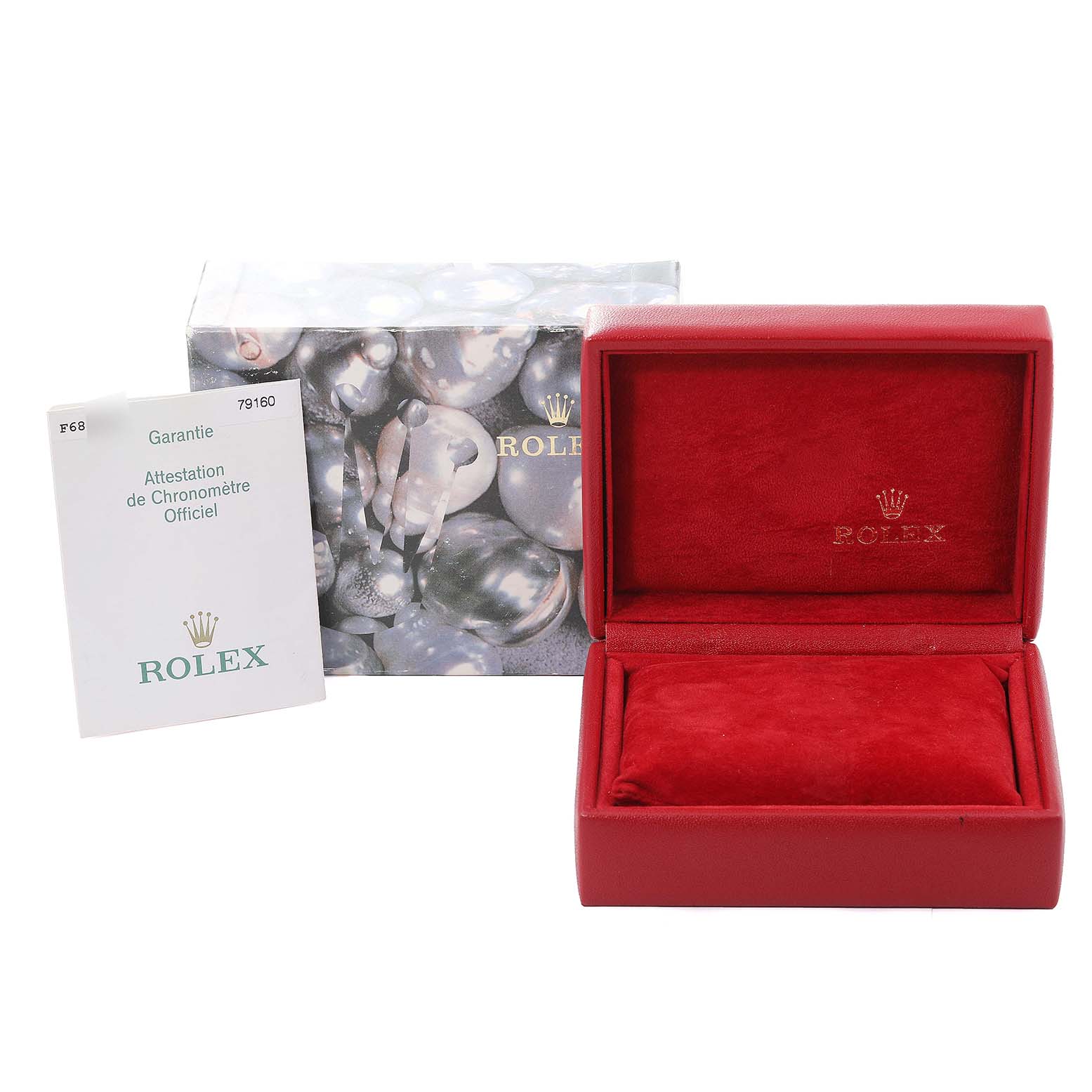 The image shows a Rolex Date 79160 Women's Stainless Steel White Dial 79160 Women's Stainless Steel White Dial model watch's box, guarantee booklet, and outer packaging.