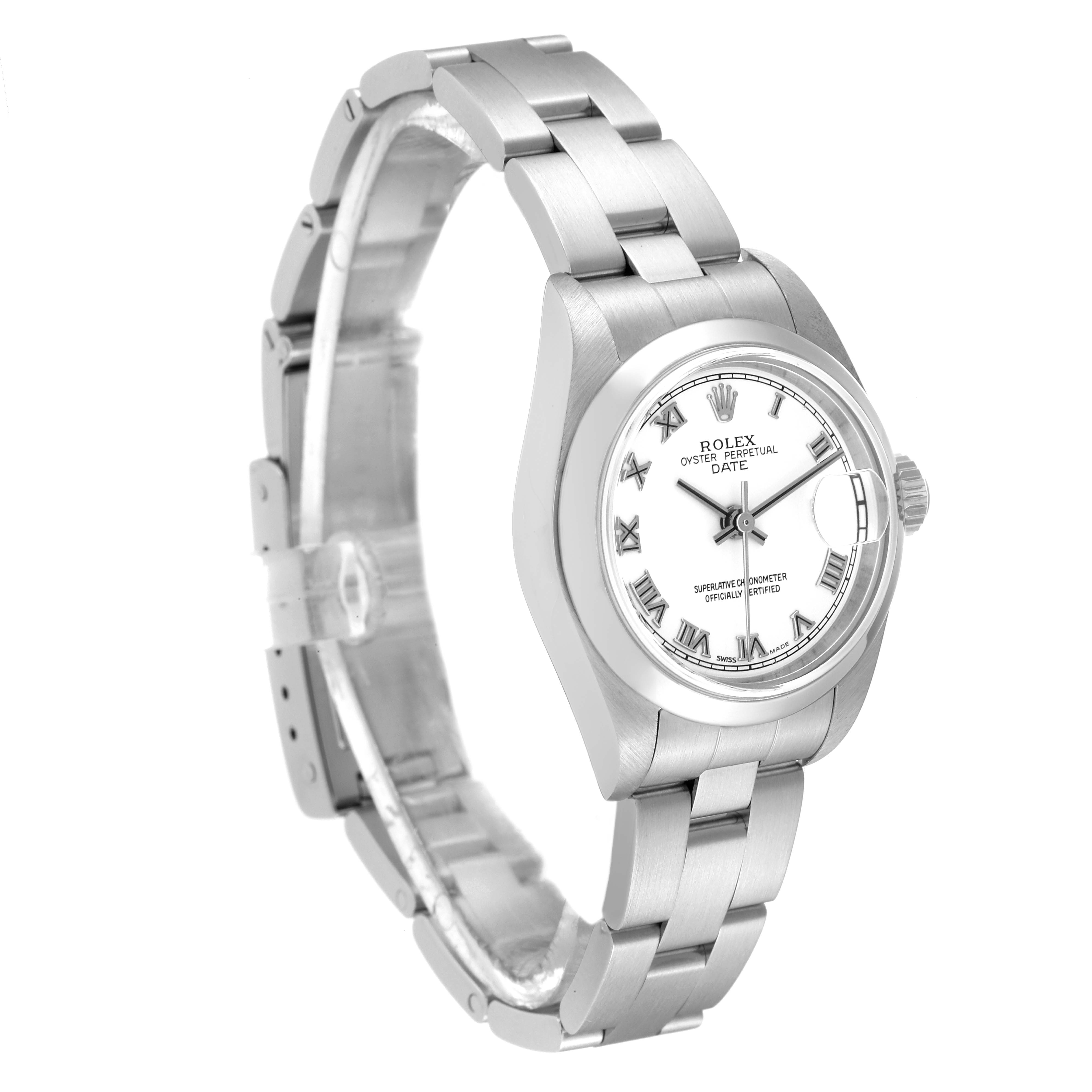 The Rolex Date 79160 Women's Stainless Steel White Dial 79160 Women's Stainless Steel White Dial watch is displayed at an angled side view, showing the face, band, and crown.