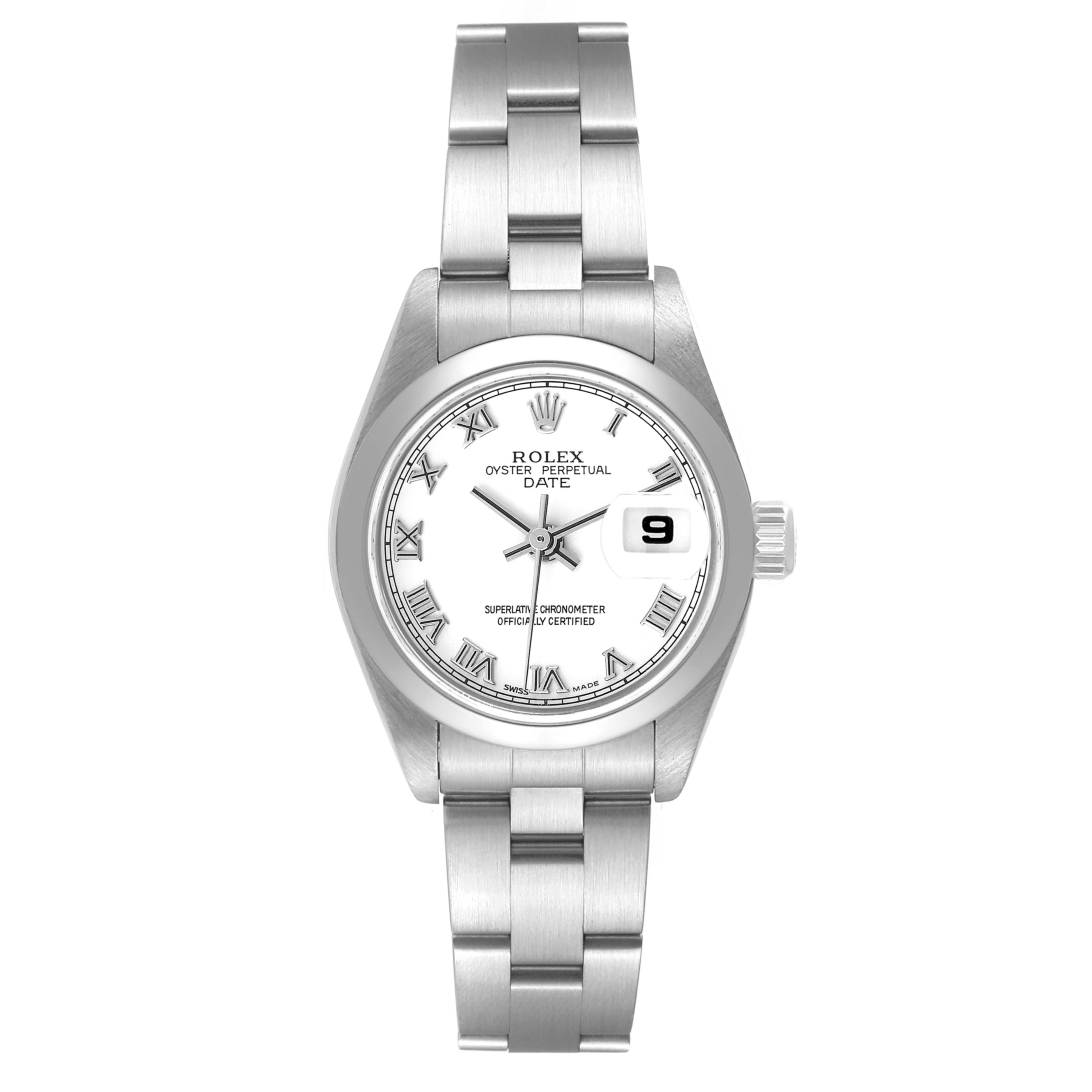 This image shows the front view of a Rolex Date 79160 Women's Stainless Steel White Dial 79160 Women's Stainless Steel White Dial model, displaying the dial, bezel, bracelet, and crown.