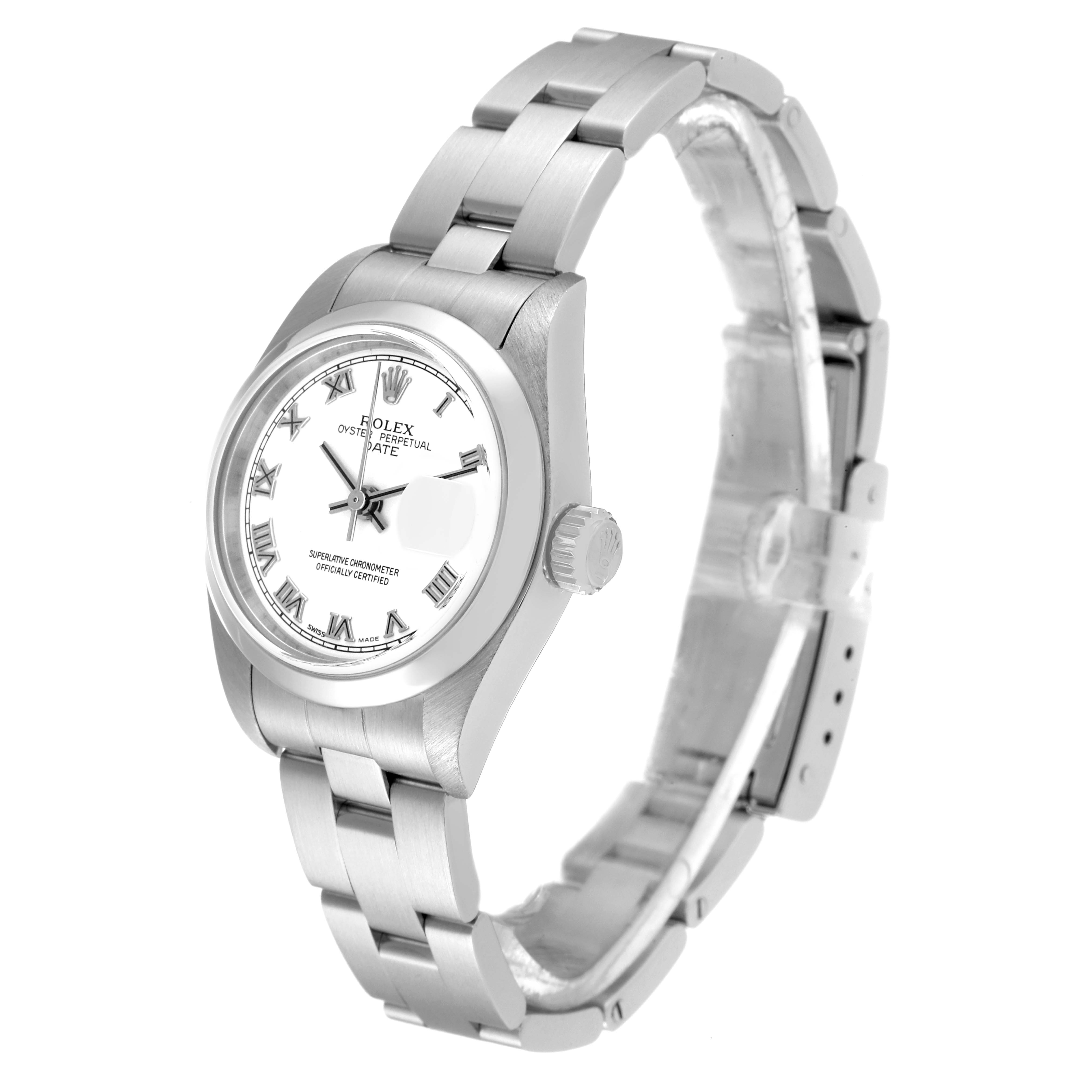 This image shows a Rolex Date 79160 Women's Stainless Steel White Dial 79160 Women's Stainless Steel White Dial model watch angled to display its dial, bracelet, and crown.