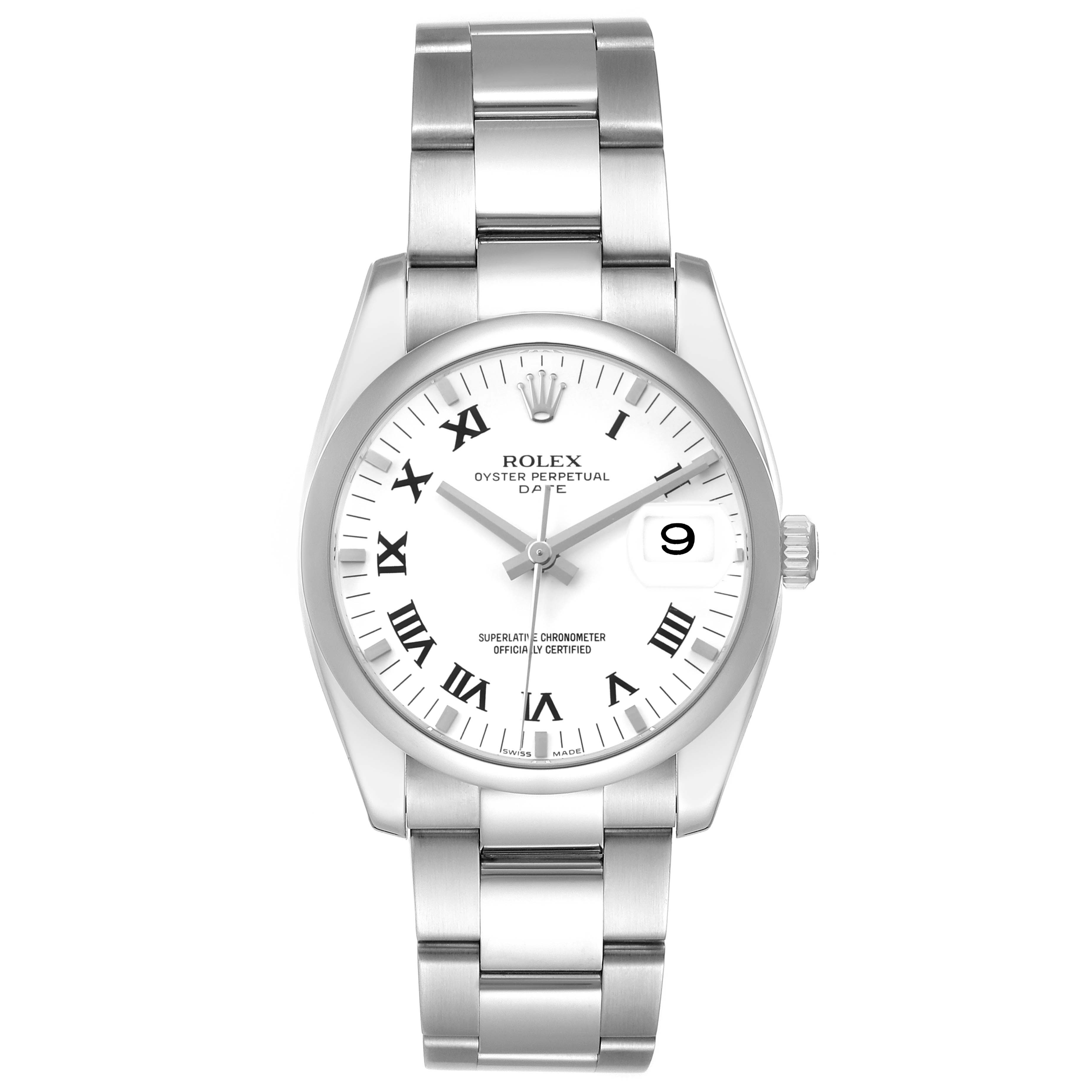 The Rolex Date 115200 Men's Stainless Steel White Dial model is shown from the front, displaying the dial, Roman numerals, date window, and metal bracelet.