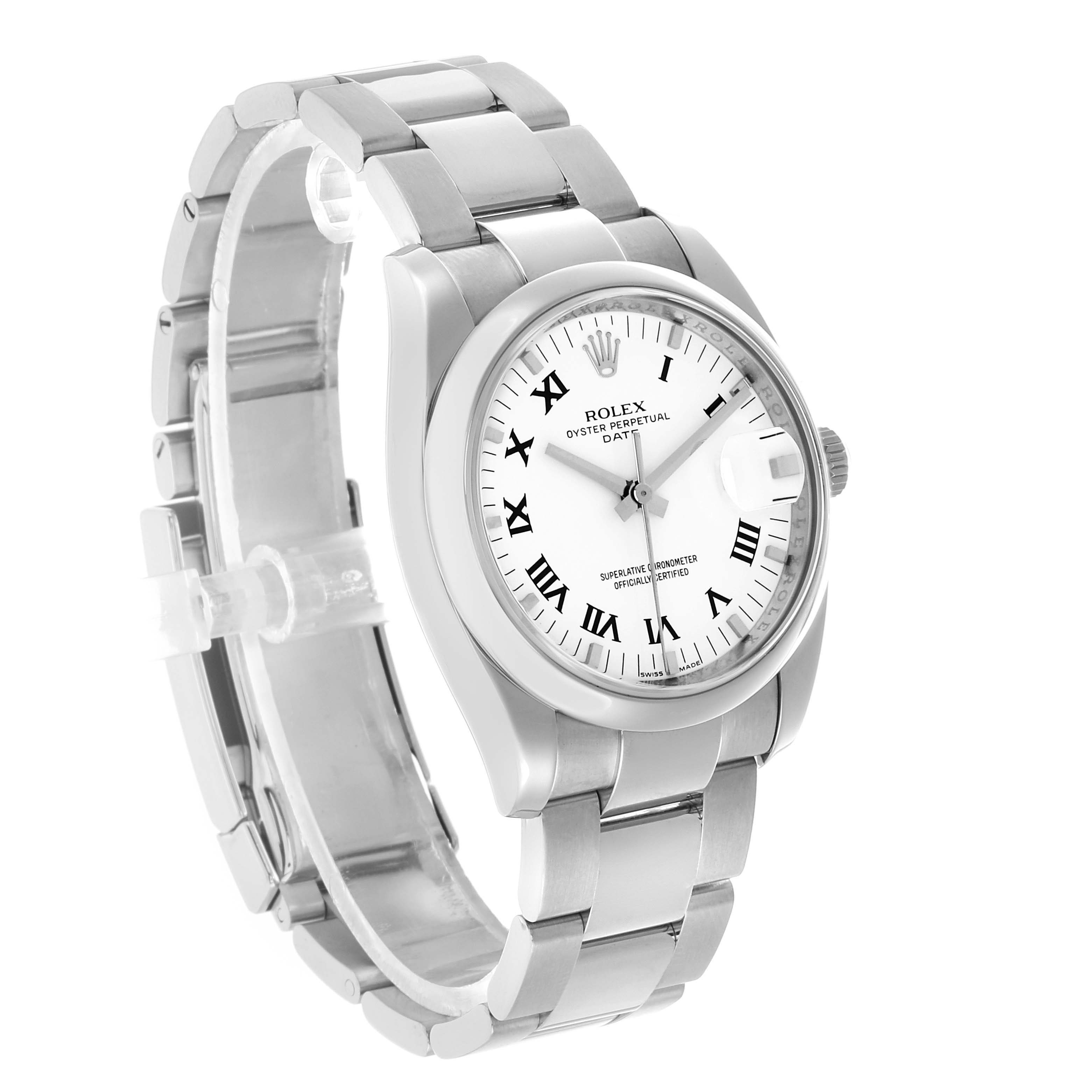 The Rolex Date 115200 Men's Stainless Steel White Dial model watch is shown at a three-quarter angle, highlighting the face, bezel, crown, and bracelet.