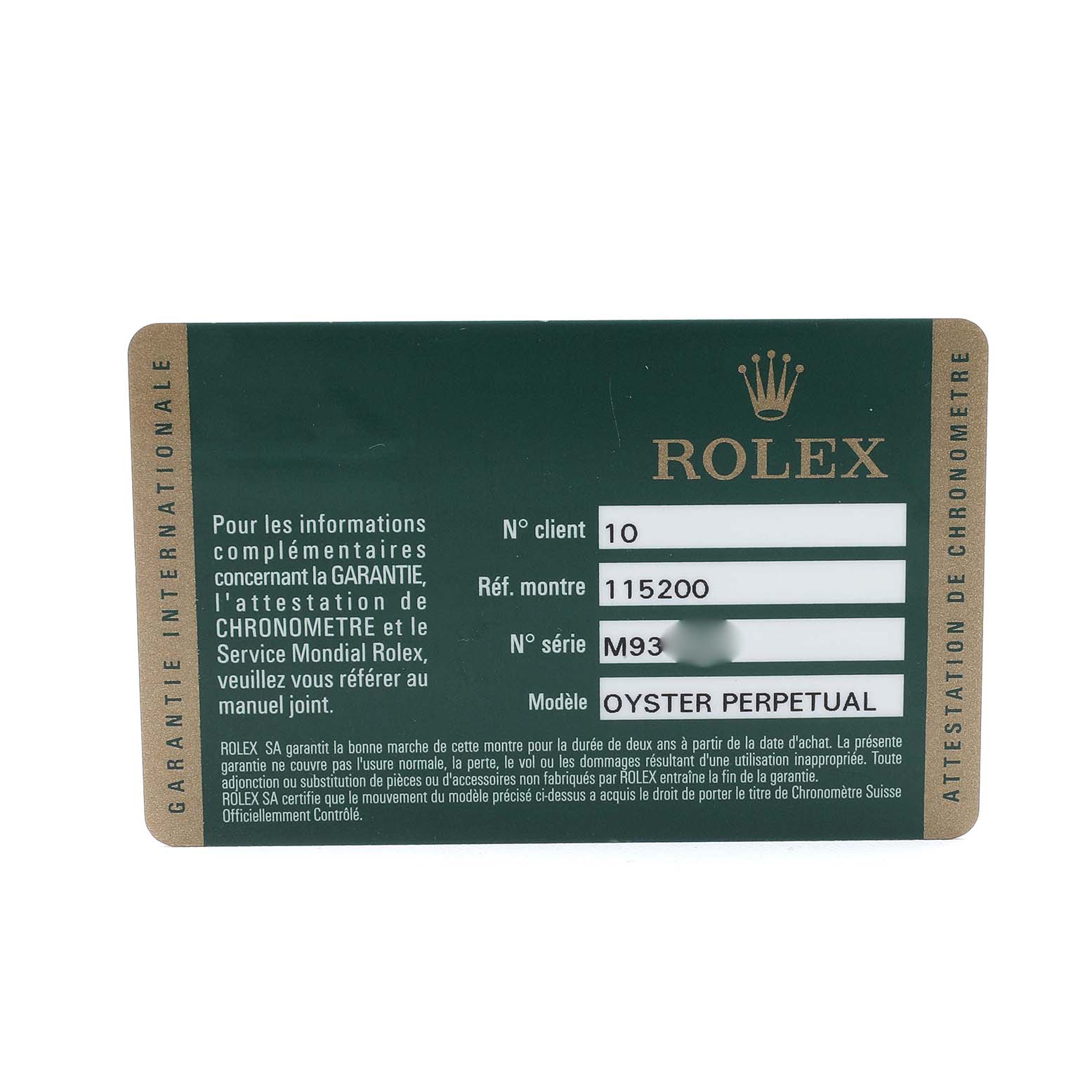 The image shows a Rolex warranty card for the Oyster Perpetual model, not the Date model, displaying reference and serial numbers.