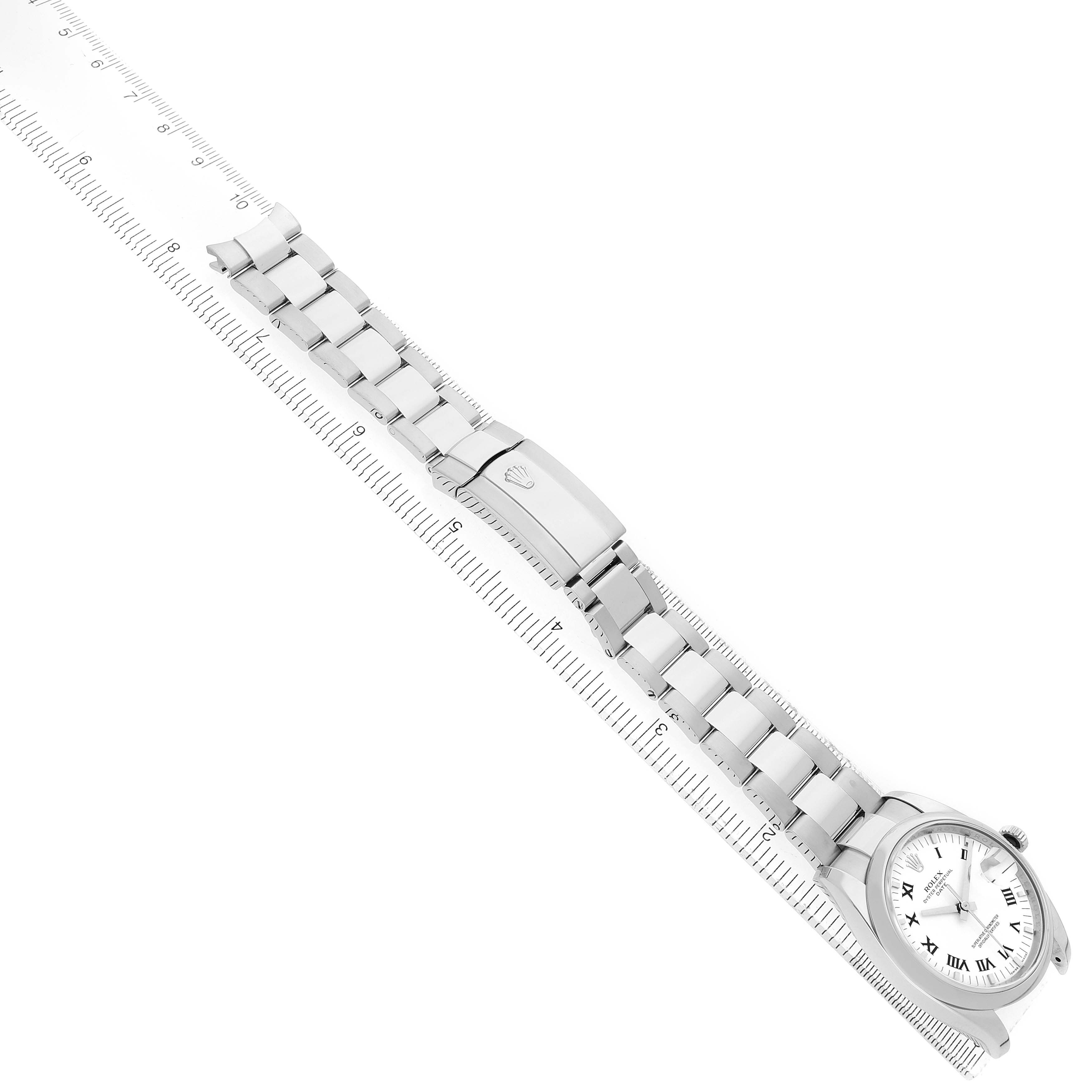 The Rolex Date 115200 Men's Stainless Steel White Dial watch is shown diagonally, displaying the face, bracelet, and clasp.