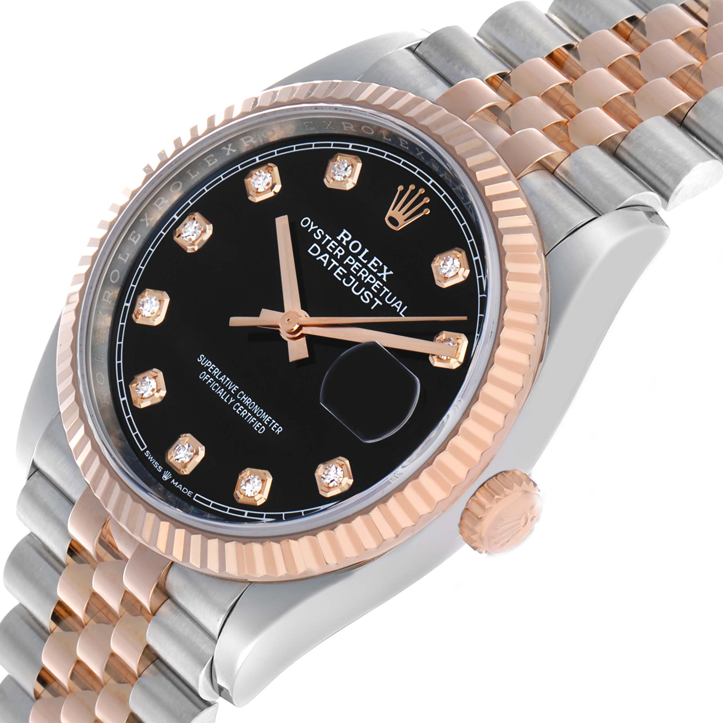 The Rolex Datejust 126231 Men's Steel and Gold (two tone) Black Dial watch is shown at an angled close-up, highlighting the dial, fluted bezel, and Jubilee bracelet.