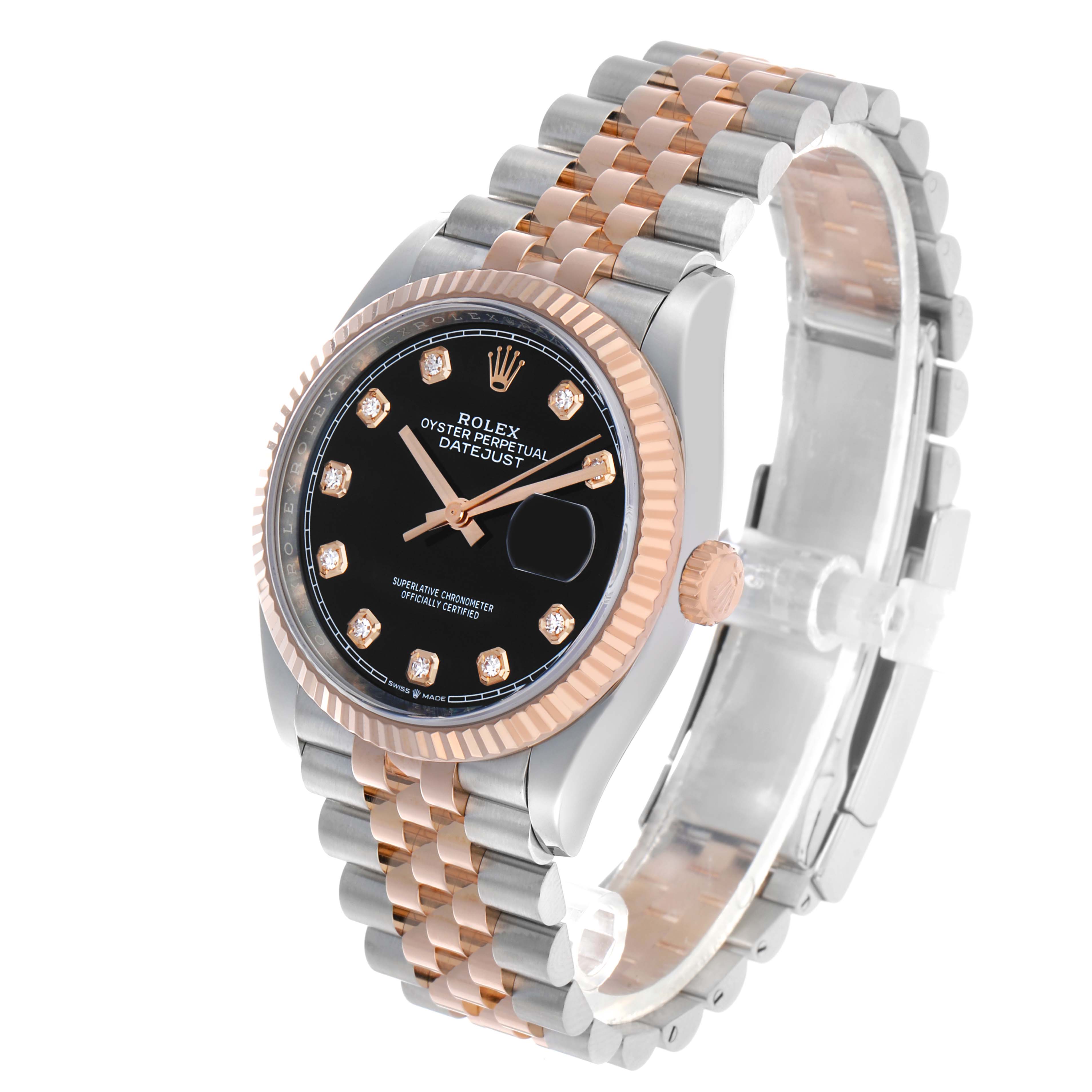The Rolex Datejust 126231 Men's Steel and Gold (two tone) Black Dial watch is shown at an angle highlighting the dial, bezel, crown, and Jubilee bracelet.