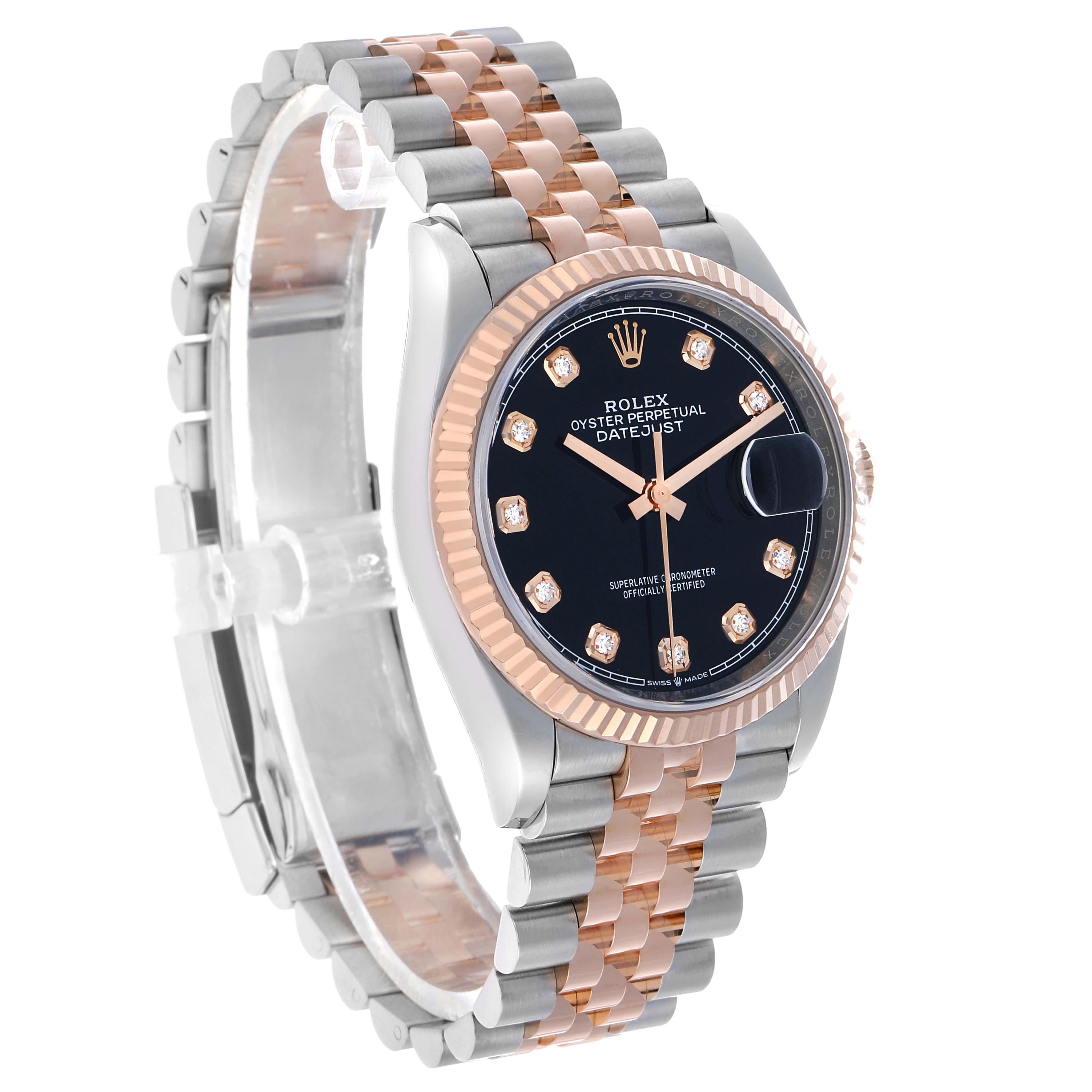 The Rolex Datejust 126231 Men's Steel and Gold (two tone) Black Dial watch is shown at a three-quarter angle, highlighting its face, bezel, and two-tone bracelet.
