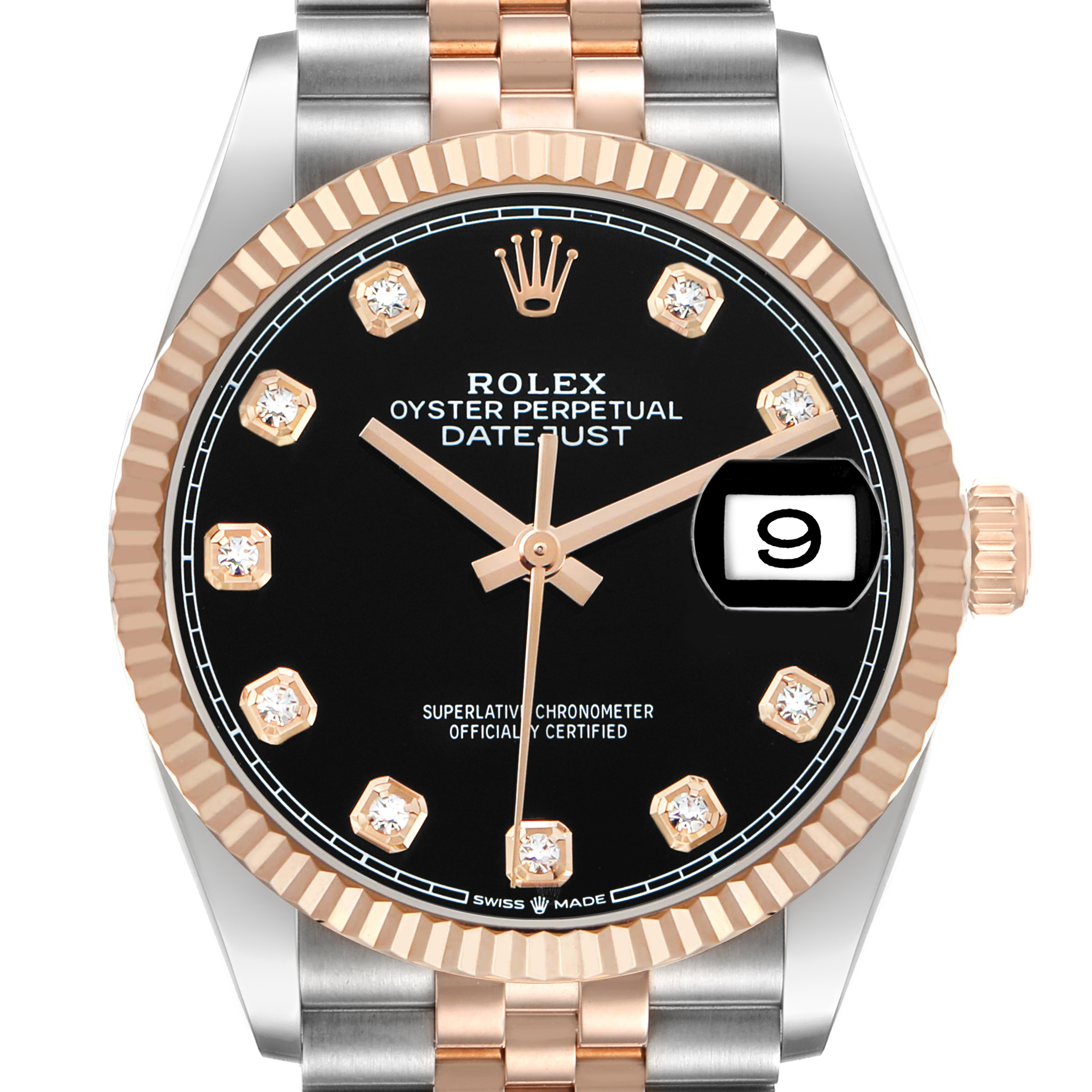 The Rolex Datejust 126231 Men's Steel and Gold (two tone) Black Dial watch is shown from a front angle, displaying its black dial, fluted bezel, and two-tone bracelet.