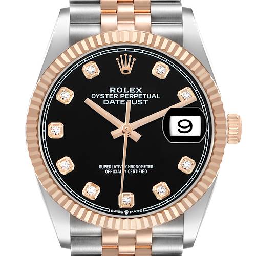 The Rolex Datejust 126231 Men's Steel and Gold (two tone) Black Dial watch is shown from the front, highlighting the dial, bezel, crown, and part of the bracelet.
