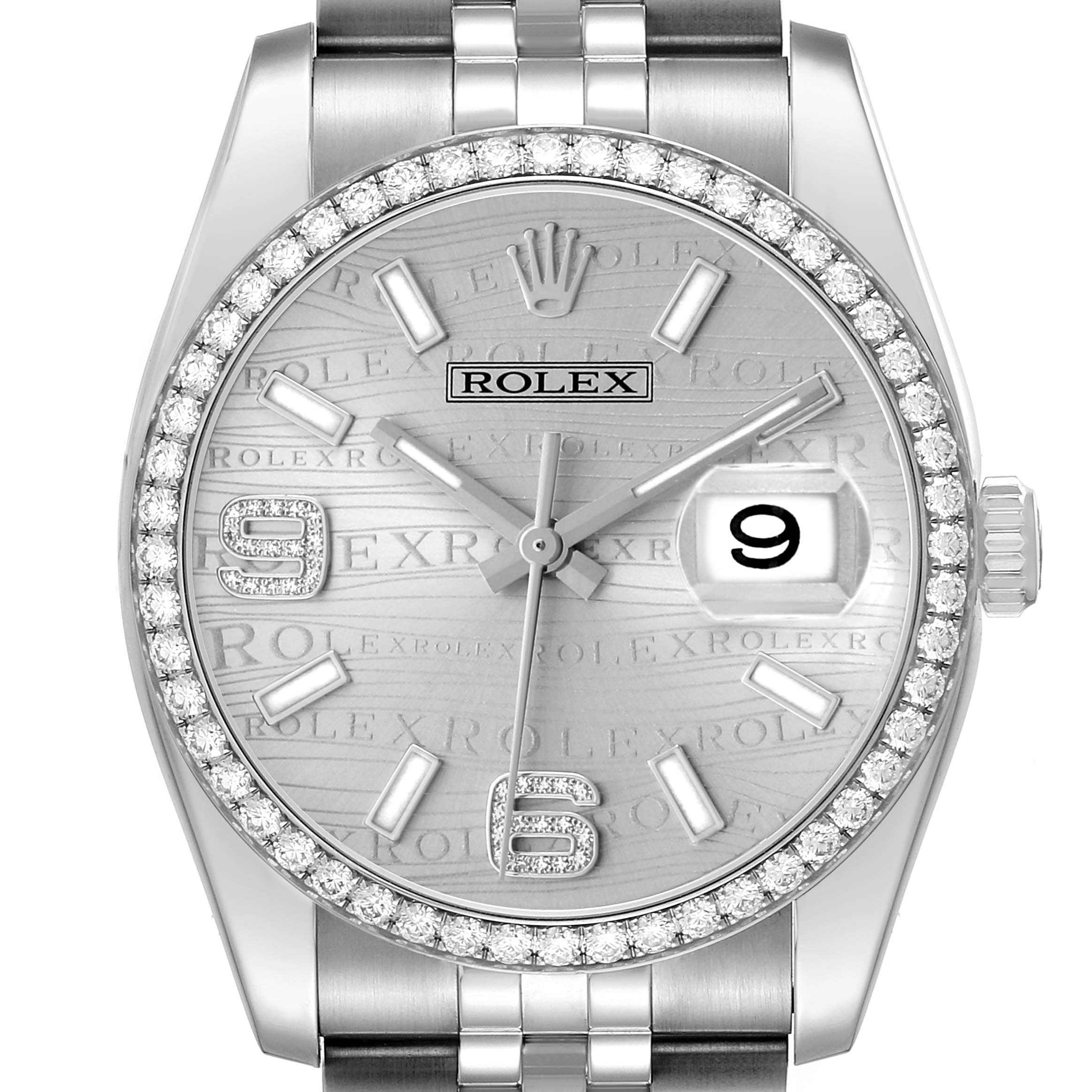 The Rolex Datejust 116244 Men's Stainless Steel Silver Dial watch is shown from the front, displaying its dial, date window, diamond bezel, and part of the bracelet.