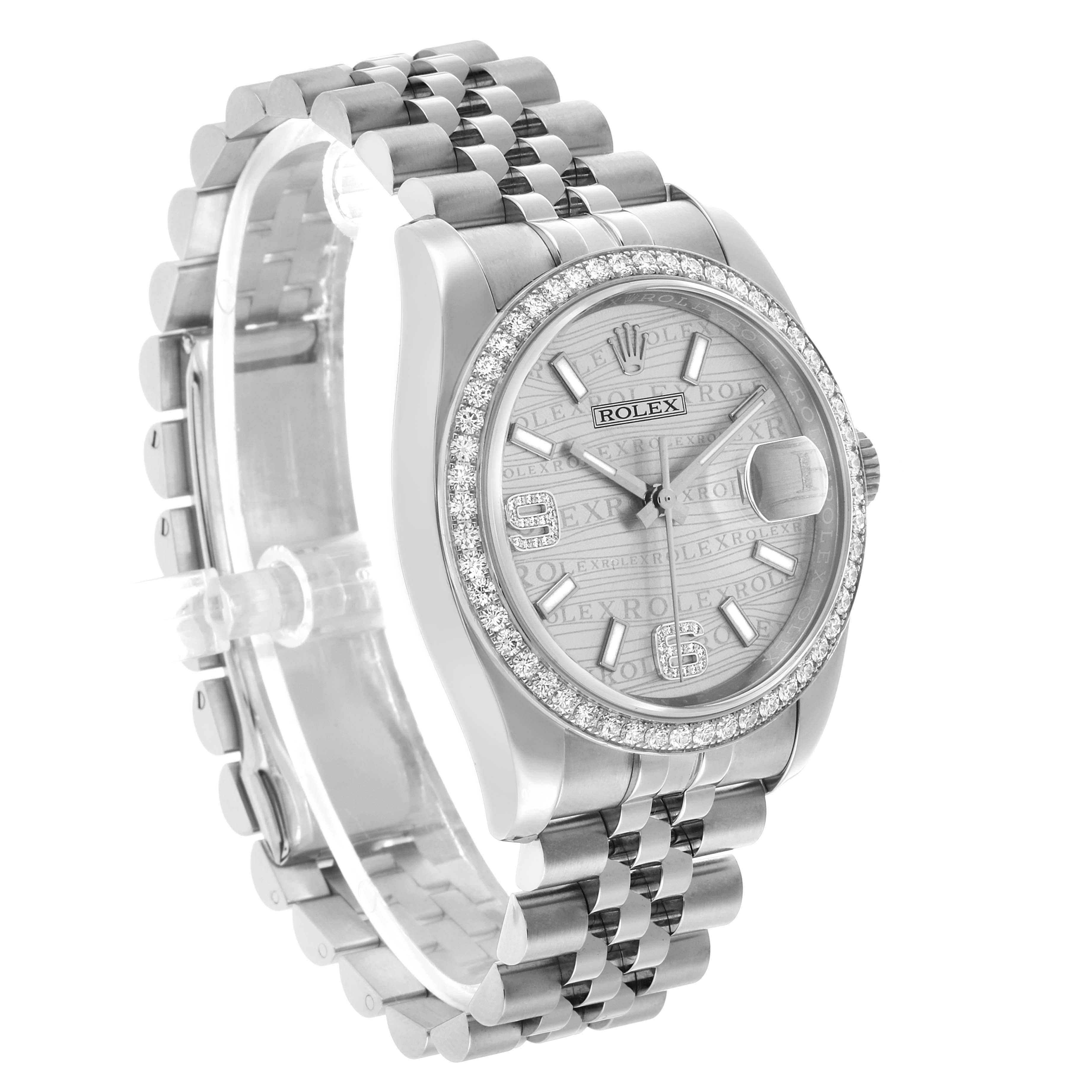 The Rolex Datejust 116244 Men's Stainless Steel Silver Dial watch is shown from a side angle, highlighting the dial, bezel, and bracelet.