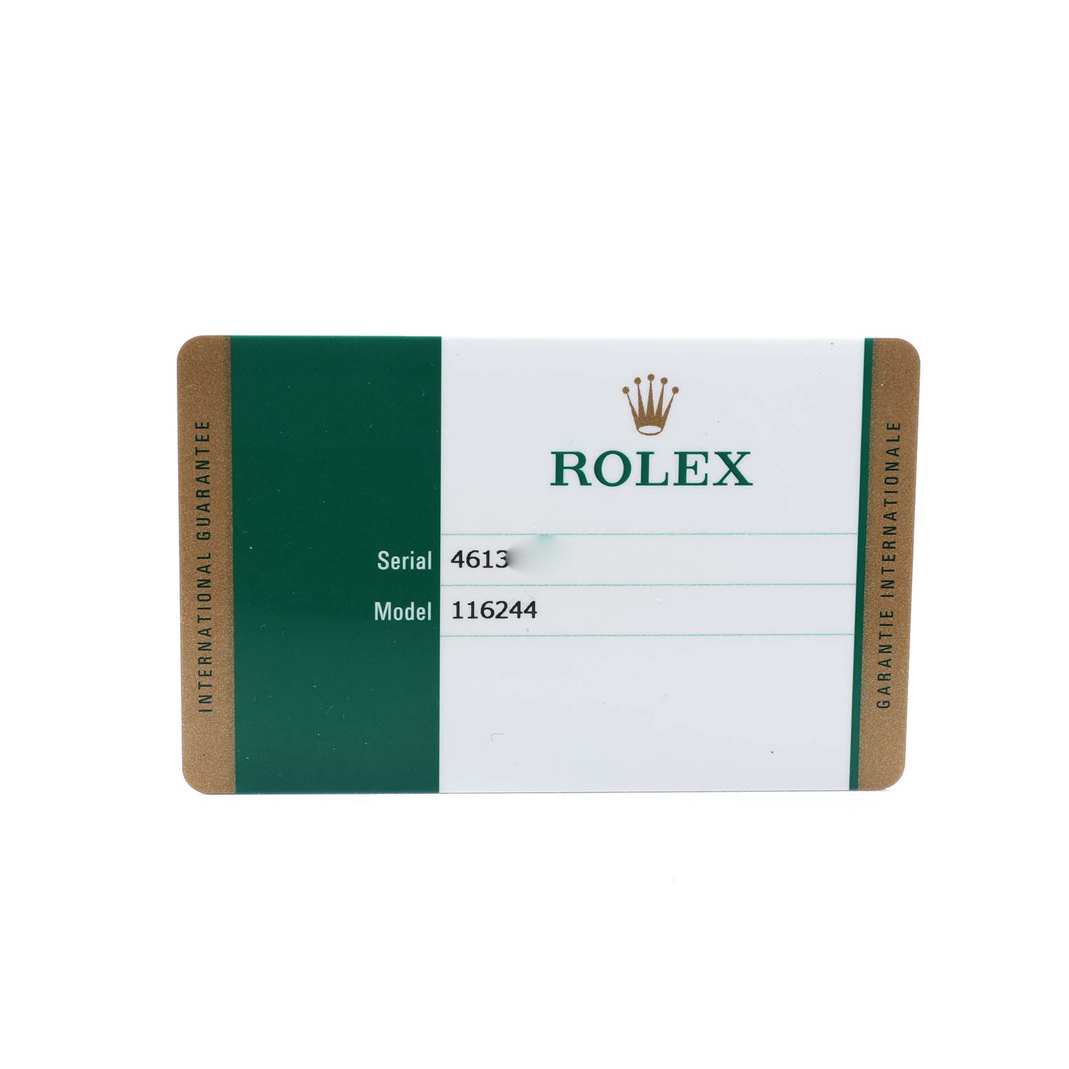 The image shows a Rolex Datejust 116244 Men's Stainless Steel Silver Dial guarantee card displaying the serial and model number.