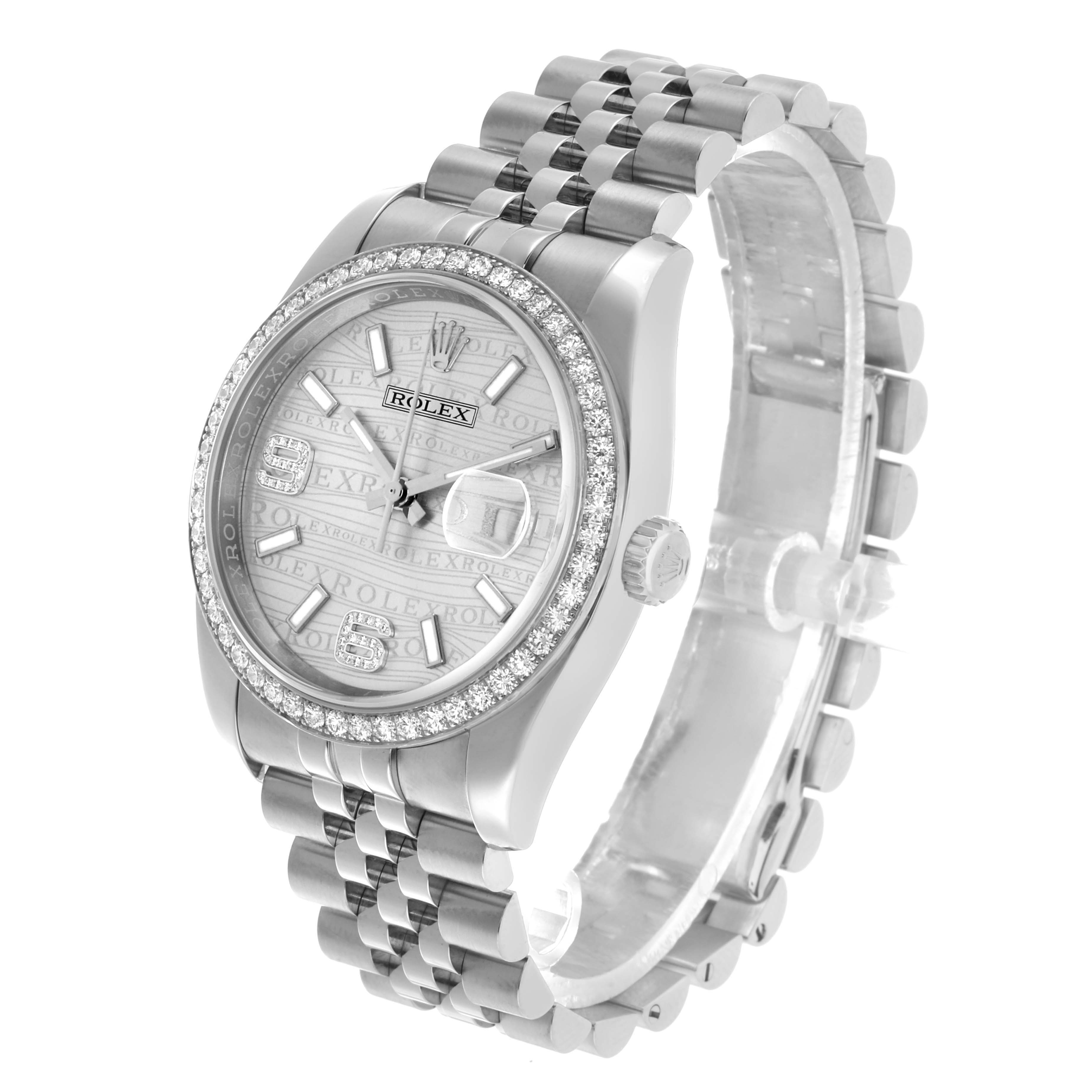 The Rolex Datejust 116244 Men's Stainless Steel Silver Dial is shown from an angled side view, highlighting the bezel, dial, bracelet, and crown.