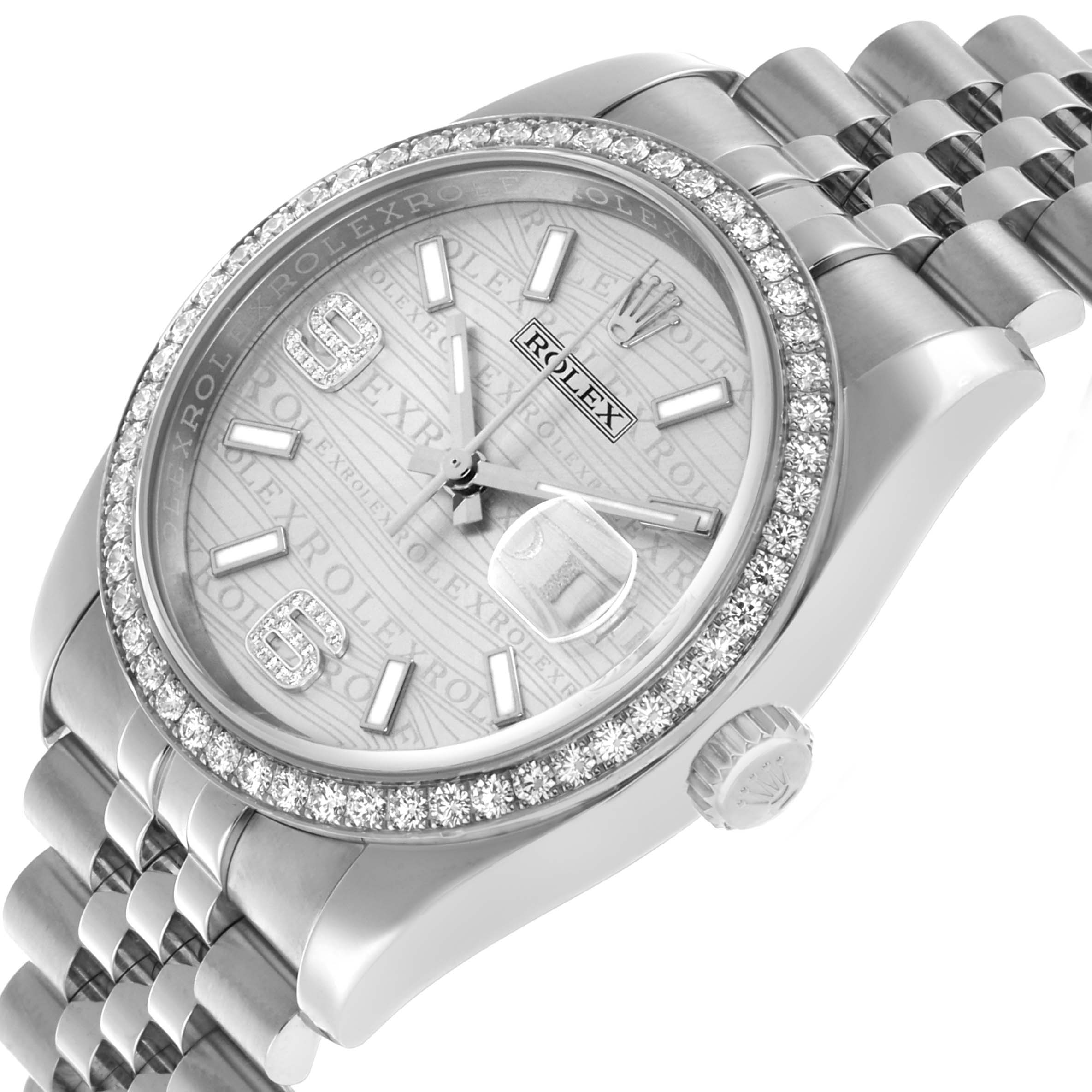 The image shows a Rolex Datejust 116244 Men's Stainless Steel Silver Dial watch from an angled top view, highlighting the diamond bezel, dial, and part of the bracelet.