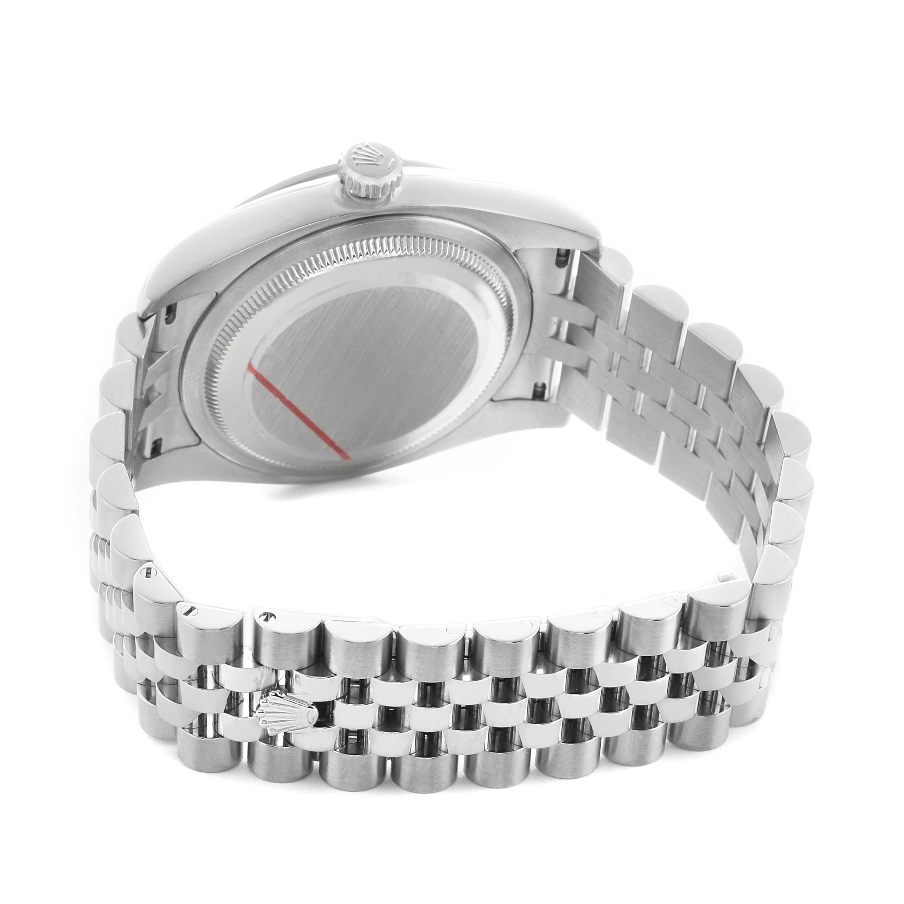 The image shows the back of the Rolex Datejust 116244 Men's Stainless Steel Silver Dial with a focus on the case back and bracelet, viewed from a rear angle.