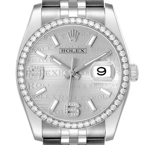 Photo of Rolex Datejust 36 Silver Wave Dial Diamond Mens Watch 116244 Card
