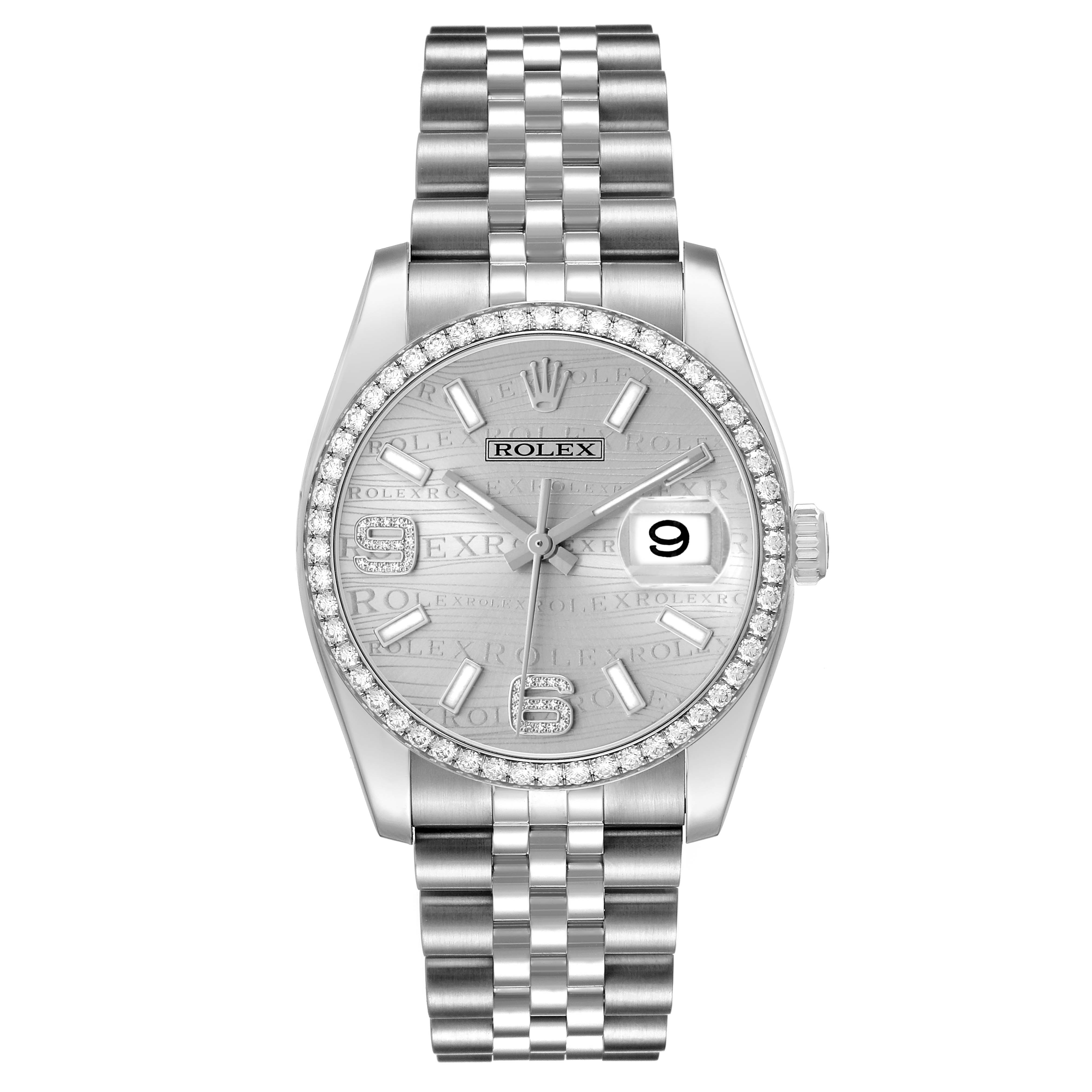 The Rolex Datejust 116244 Men's Stainless Steel Silver Dial watch is shown from a top-down angle, displaying its face, bezel, and bracelet.