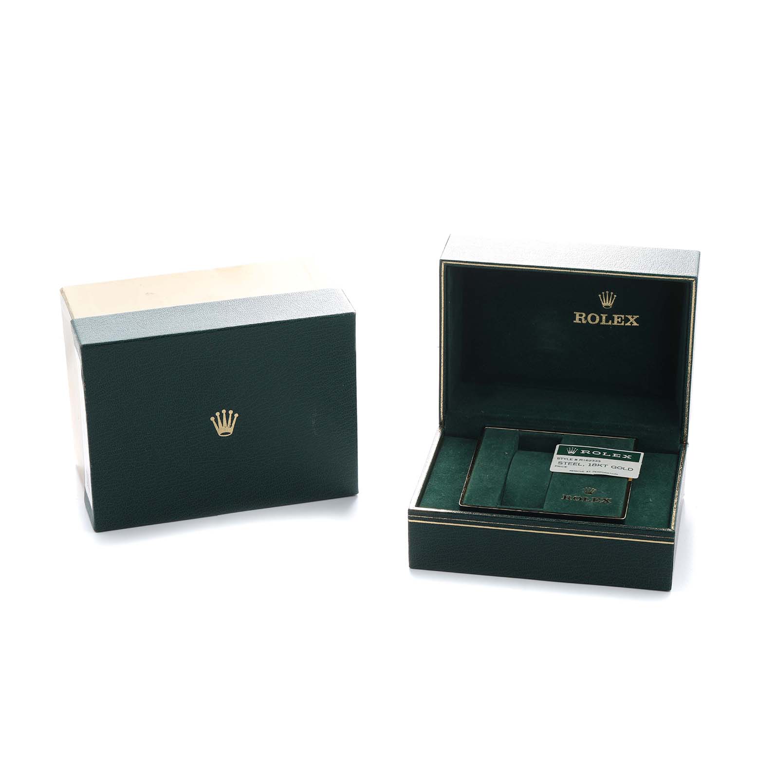 The image shows a Rolex Datejust 16233 Men's Steel and Gold (two tone) Silver Dial watch box and its open packaging, revealing an empty interior with a Rolex card.