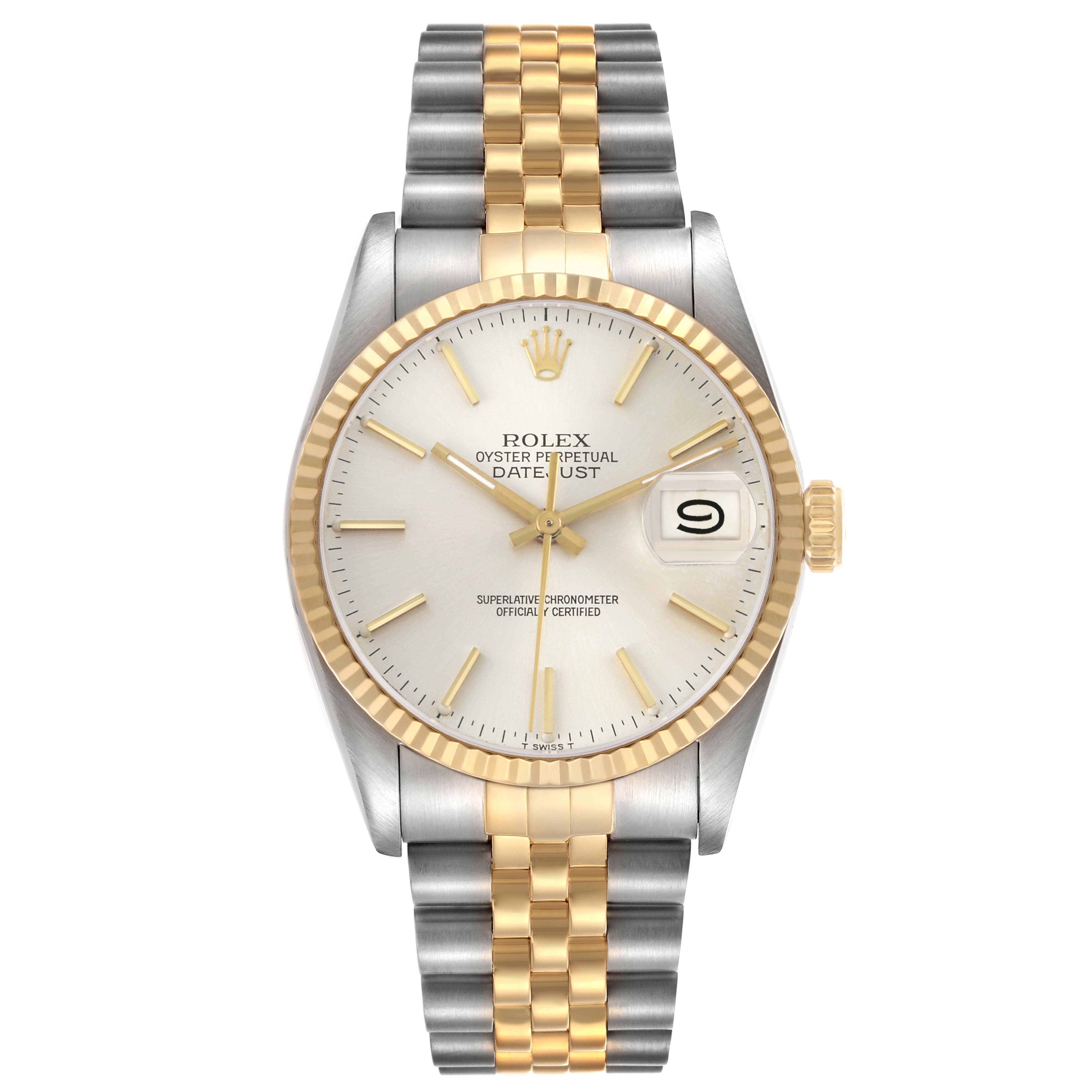 The Rolex Datejust 16233 Men's Steel and Gold (two tone) Silver Dial watch is shown from the front, displaying the face, gold and silver Jubilee bracelet, and date magnifier.