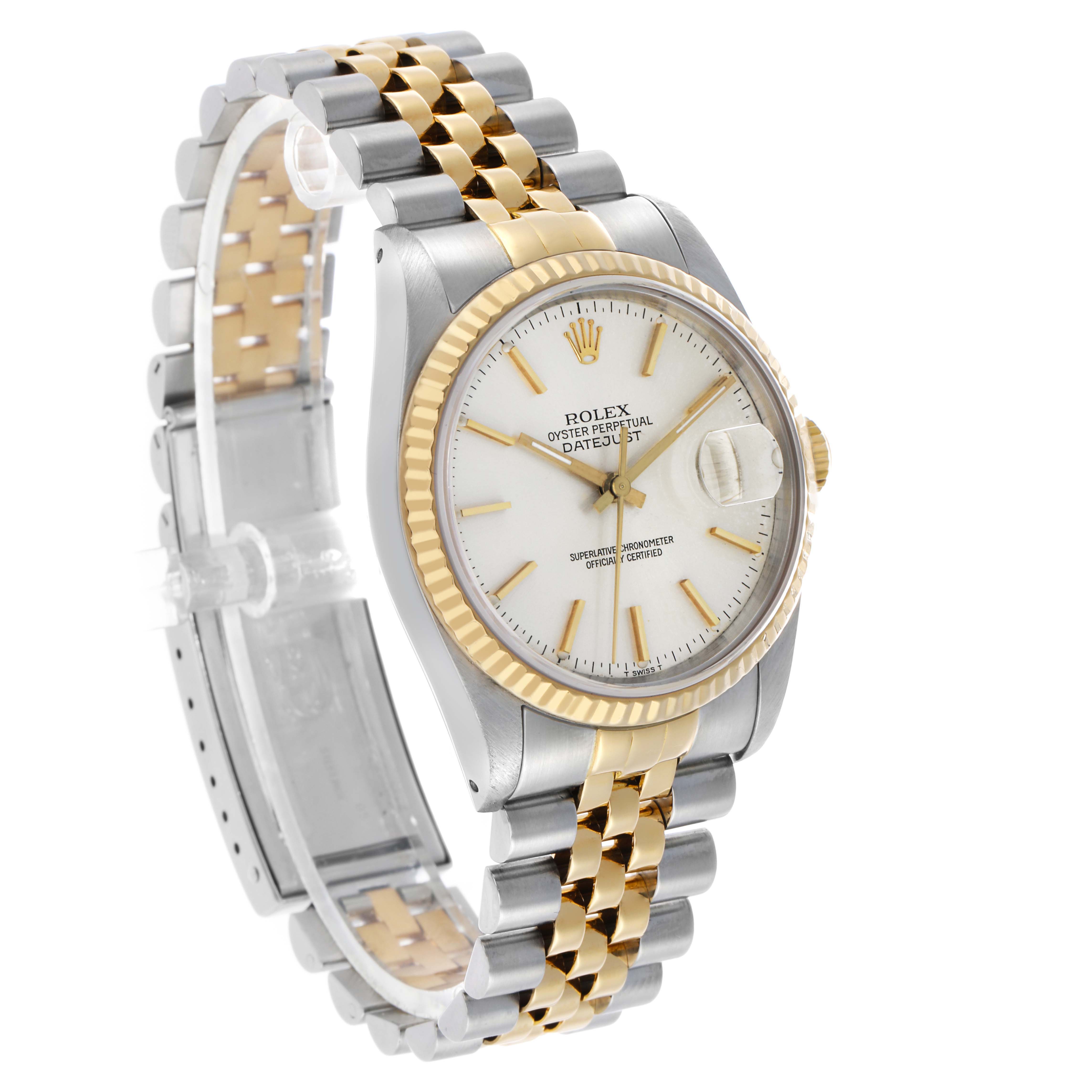 The Rolex Datejust 16233 Men's Steel and Gold (two tone) Silver Dial watch is shown at a three-quarter angle, highlighting the gold and silver bracelet, bezel, and dial.