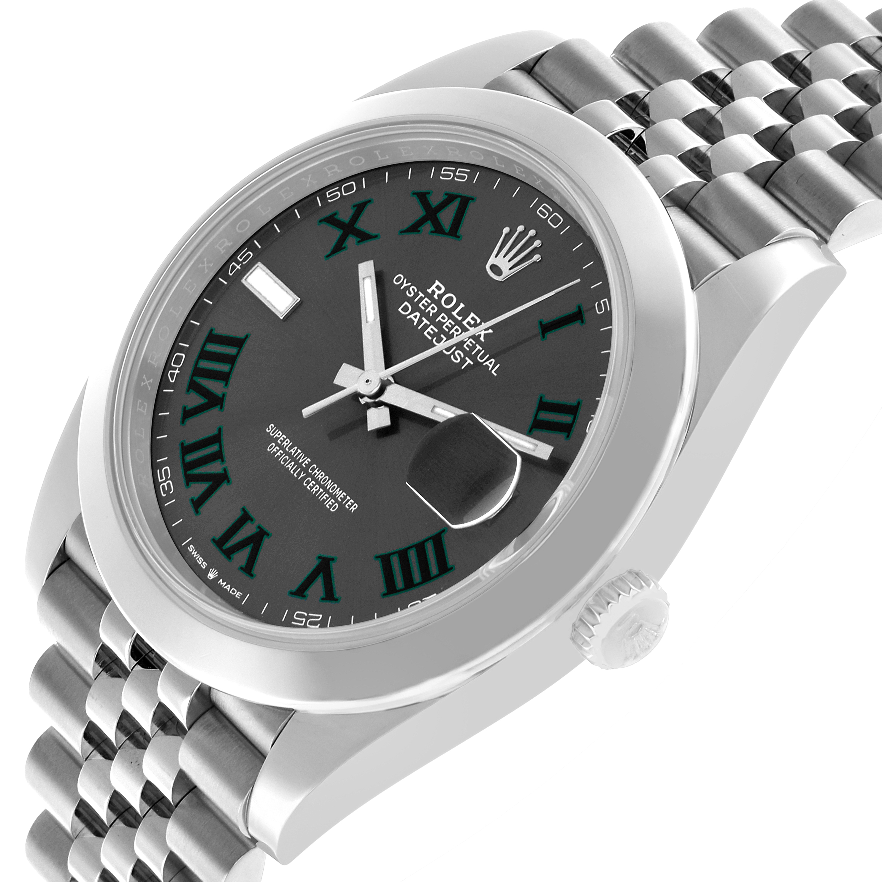 The Rolex Datejust 41 126300 Men's Stainless Steel Grey Dial is shown at an angled view, highlighting the watch face, bezel, crown, and bracelet.