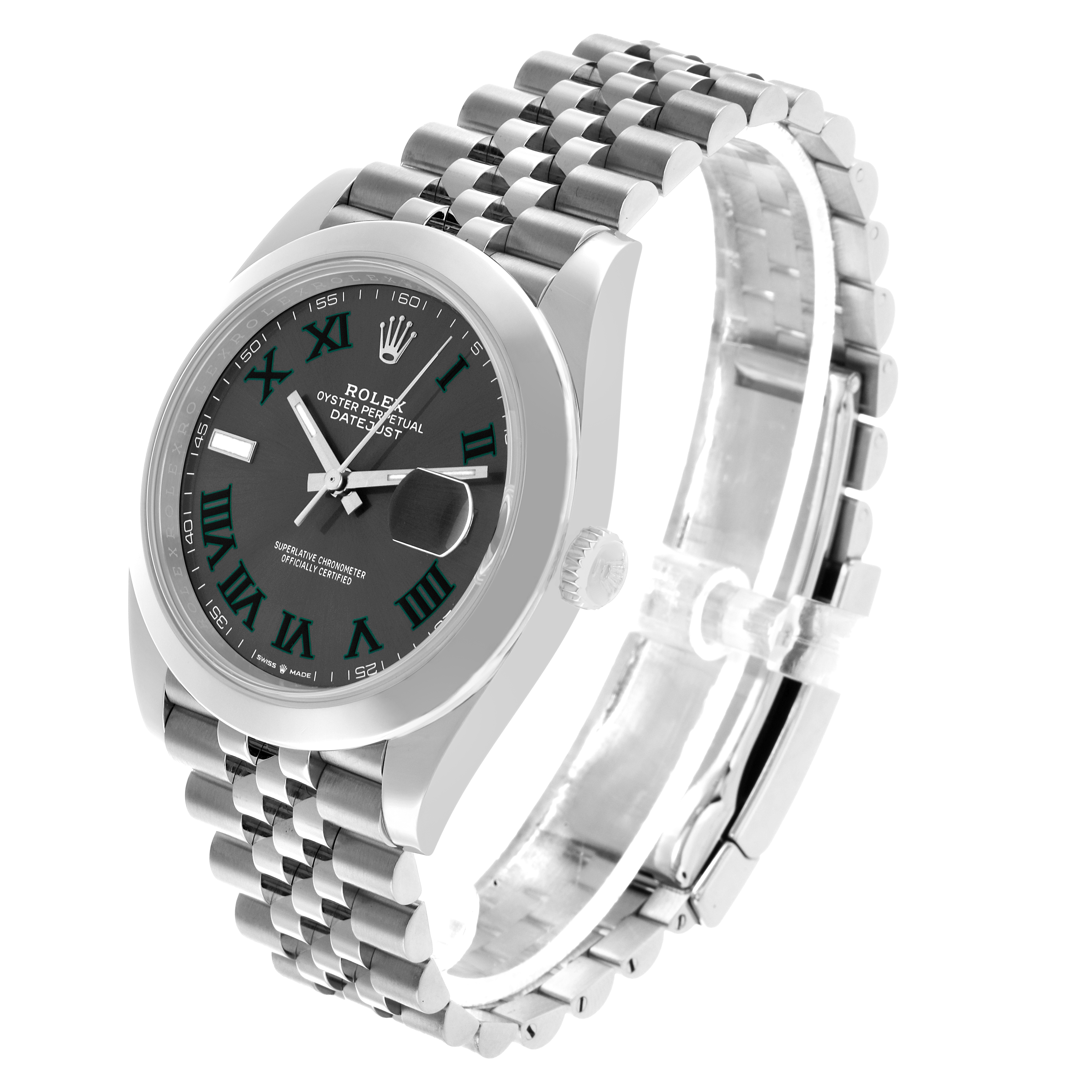 The Rolex Datejust 41 126300 Men's Stainless Steel Grey Dial watch is shown at an angle displaying the face, bezel, crown, and bracelet prominently.