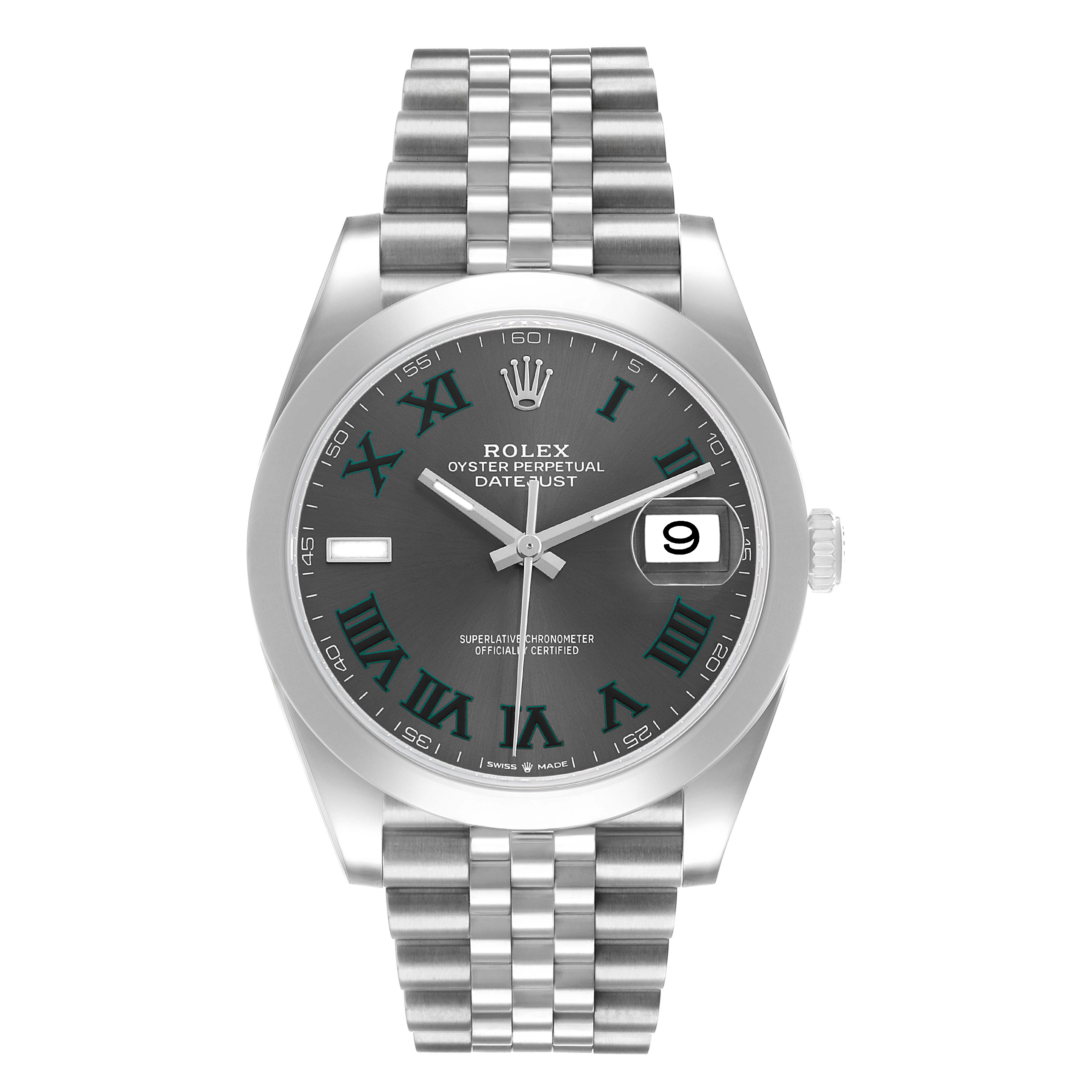 The Rolex Datejust 41 126300 Men's Stainless Steel Grey Dial is shown from a front angle, displaying the dial, bracelet, and crown.