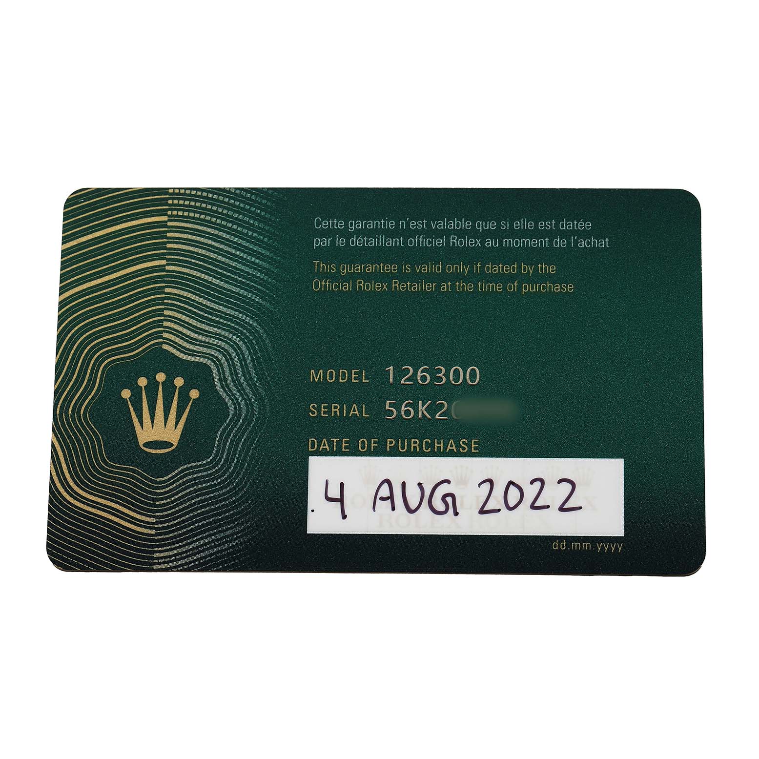 The image shows a warranty card for a Rolex Datejust 41 126300 Men's Stainless Steel Grey Dial, highlighting model, serial number, and purchase date.