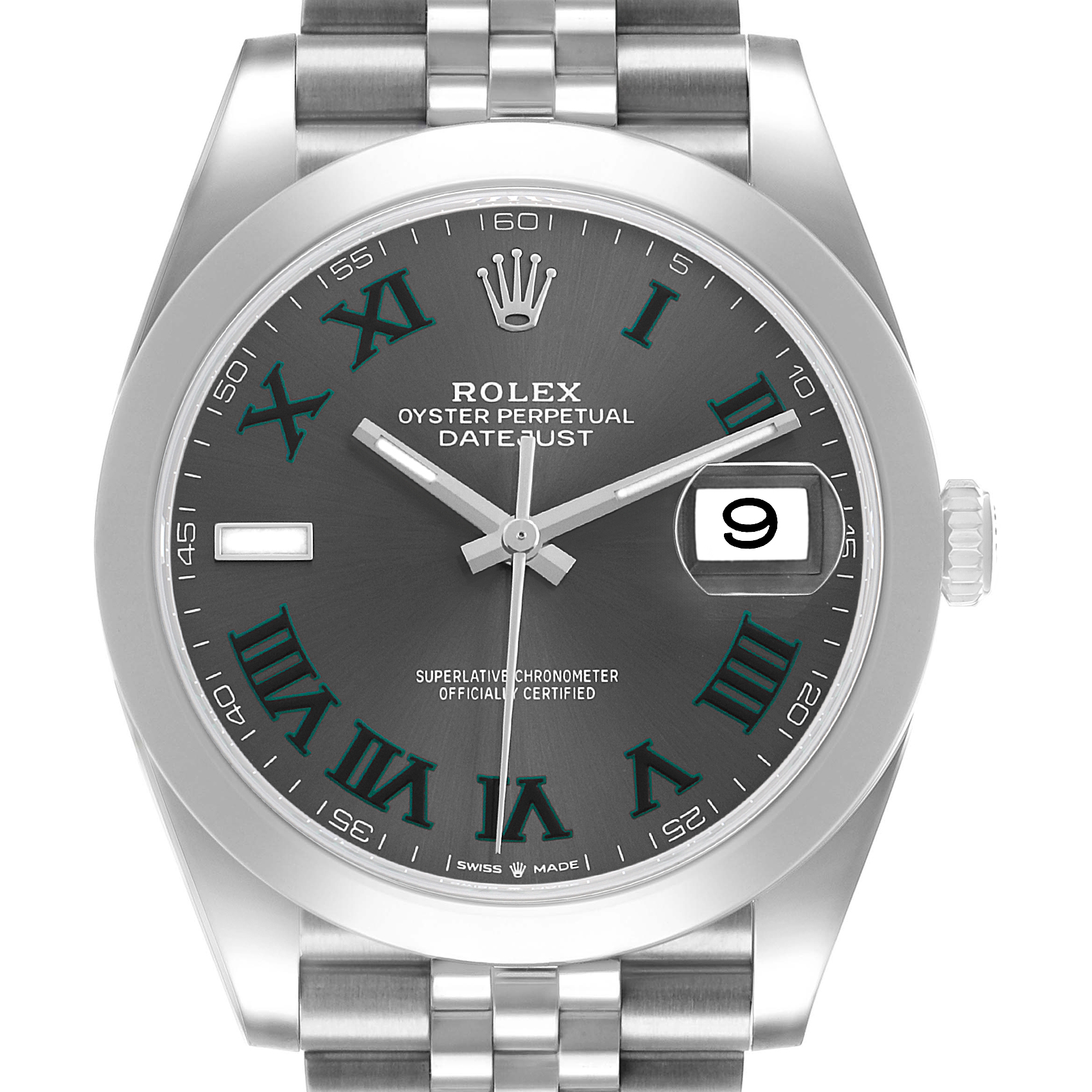 The image shows a frontal view of the Rolex Datejust 41 126300 Men's Stainless Steel Grey Dial, highlighting the dial, bezel, and partial bracelet.