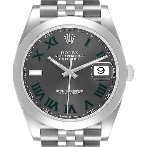 The Rolex Datejust 41 126300 Men's Stainless Steel Grey Dial watch is shown from a front view, highlighting the dial, bezel, hands, bracelet, and date window.