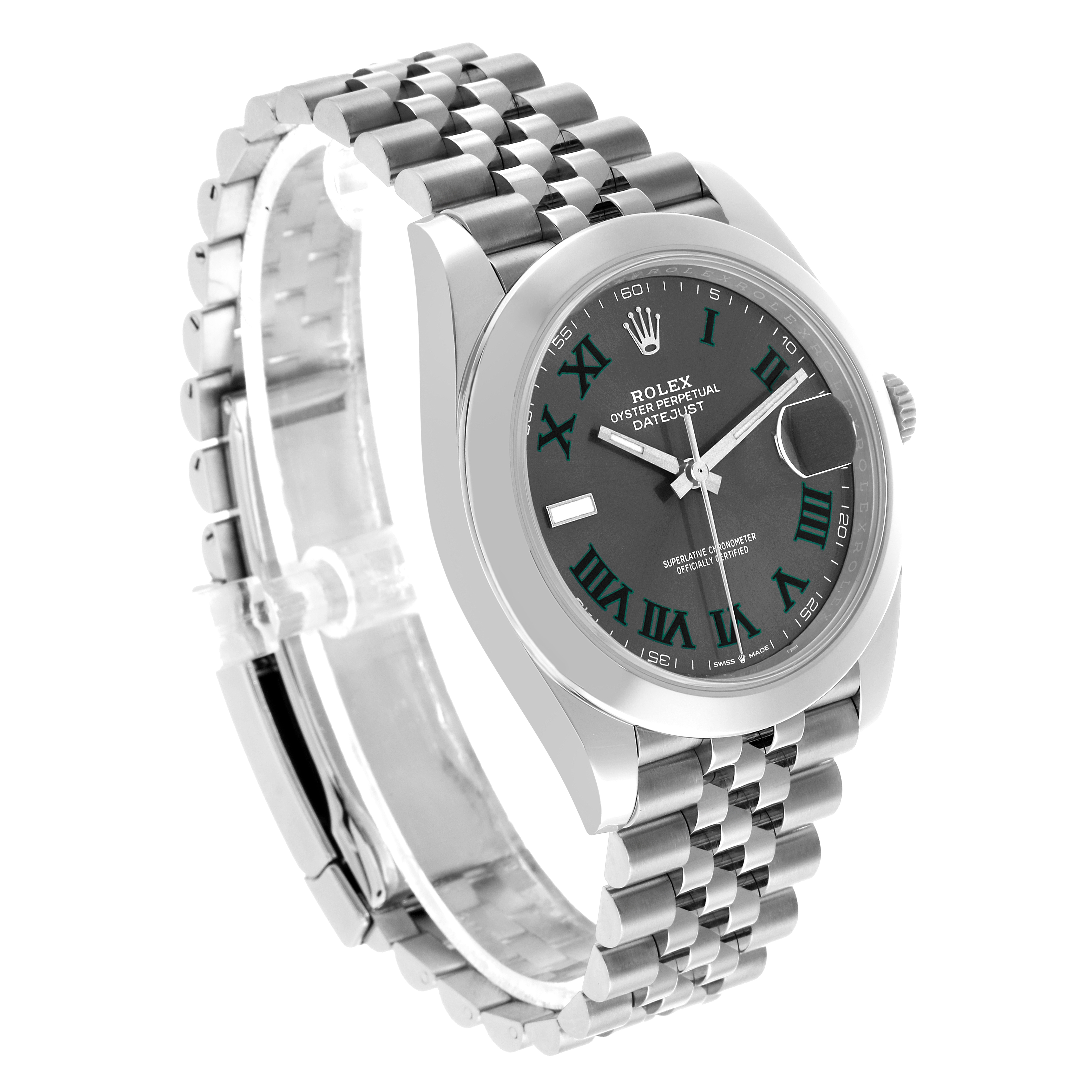 The Rolex Datejust 41 126300 Men's Stainless Steel Grey Dial is shown at an angle highlighting the face, bezel, bracelet, and crown.