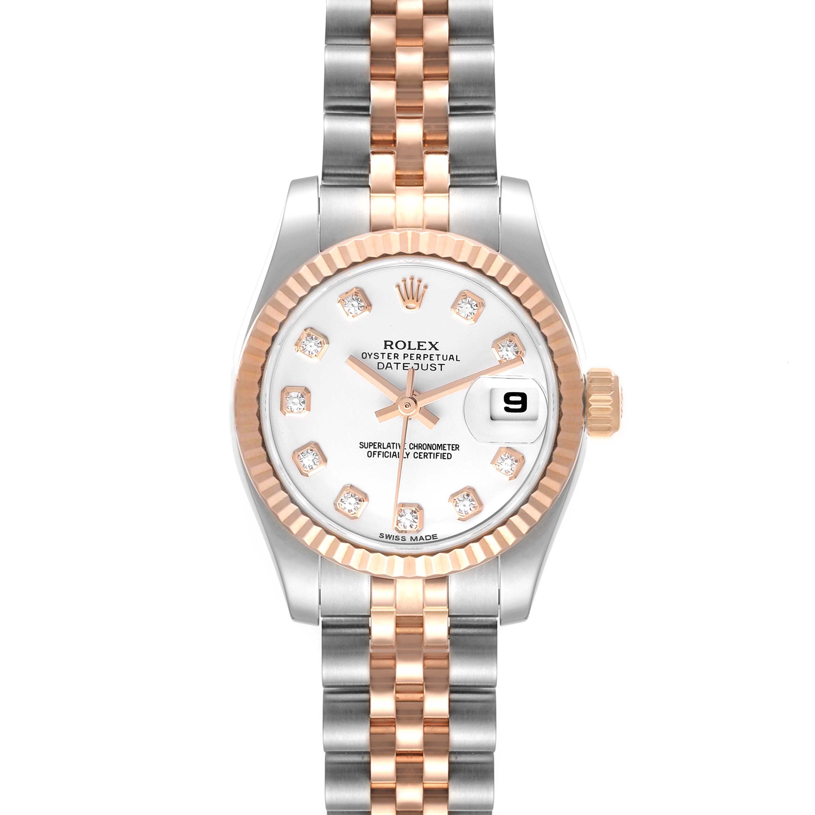The Rolex Datejust 179171 Women's Steel and Gold (two tone) White Dial 179171 Women's Steel and Gold (two tone) White Dial watch is shown from the front, displaying its face, bezel, crown, and two-tone bracelet.