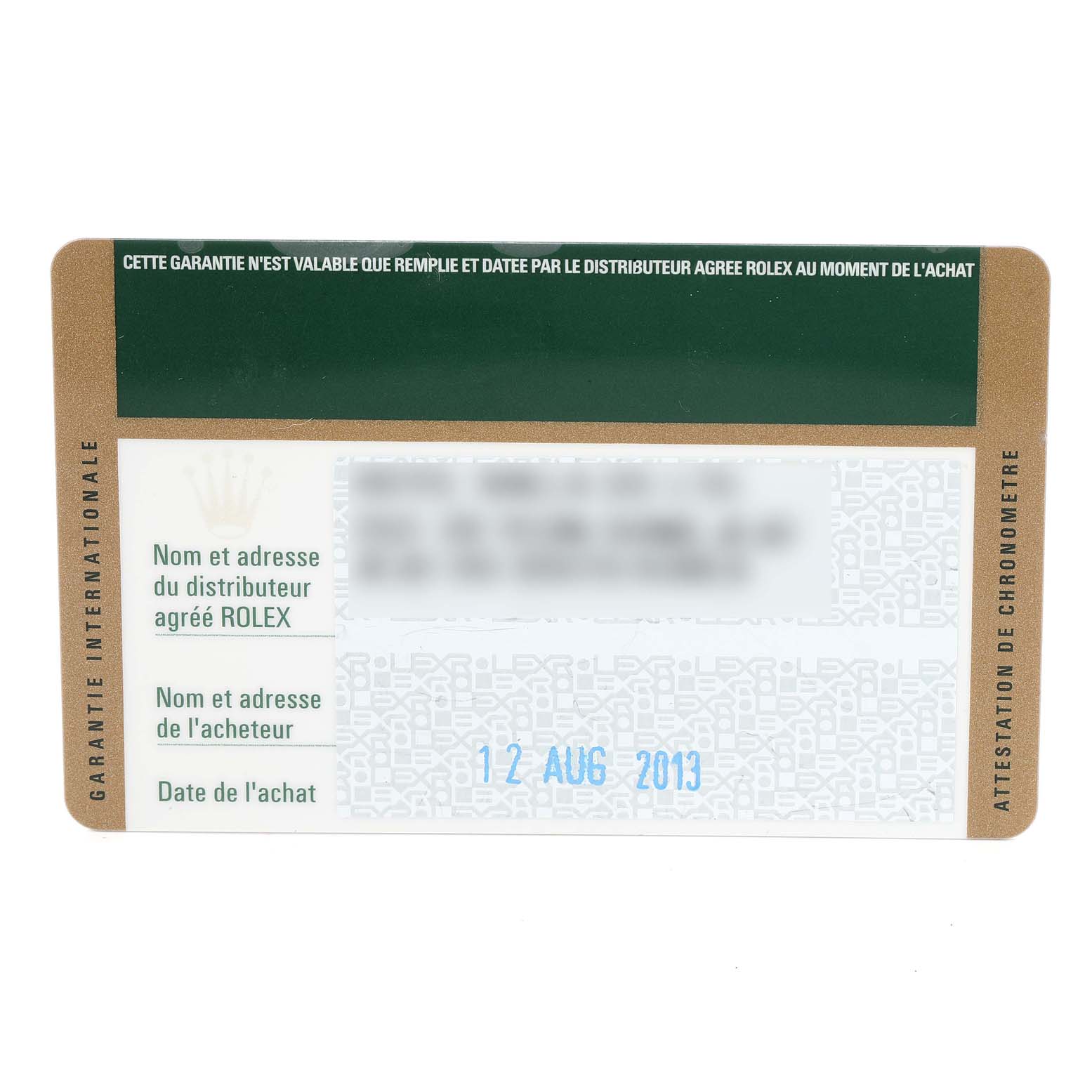 This image shows a warranty card for a Rolex Datejust 179171 Women's Steel and Gold (two tone) White Dial 179171 Women's Steel and Gold (two tone) White Dial watch, displaying purchase details and warranty information.